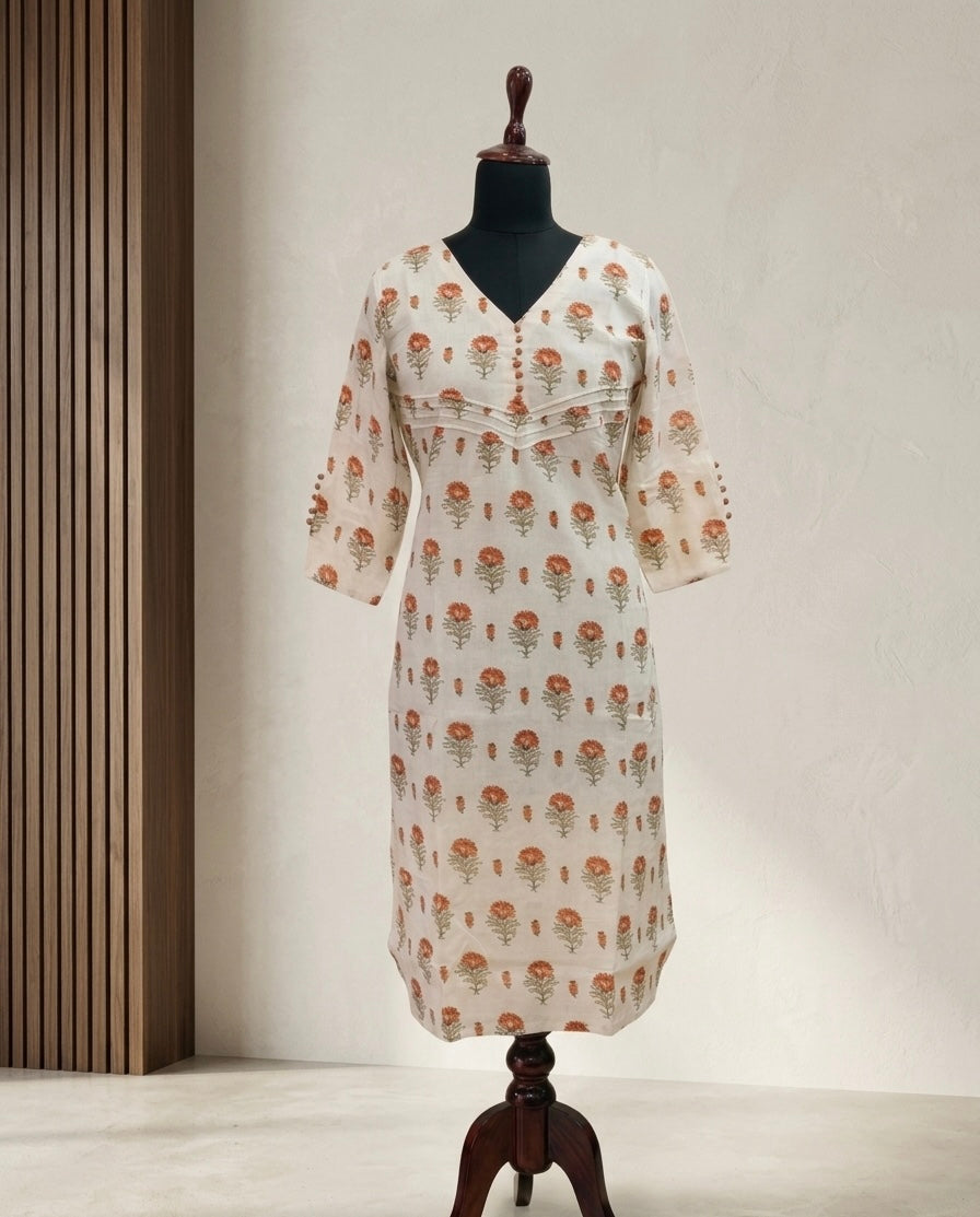 Ivory Floral Handblock Print Straight Kurti with Pintuck Yoke Detail