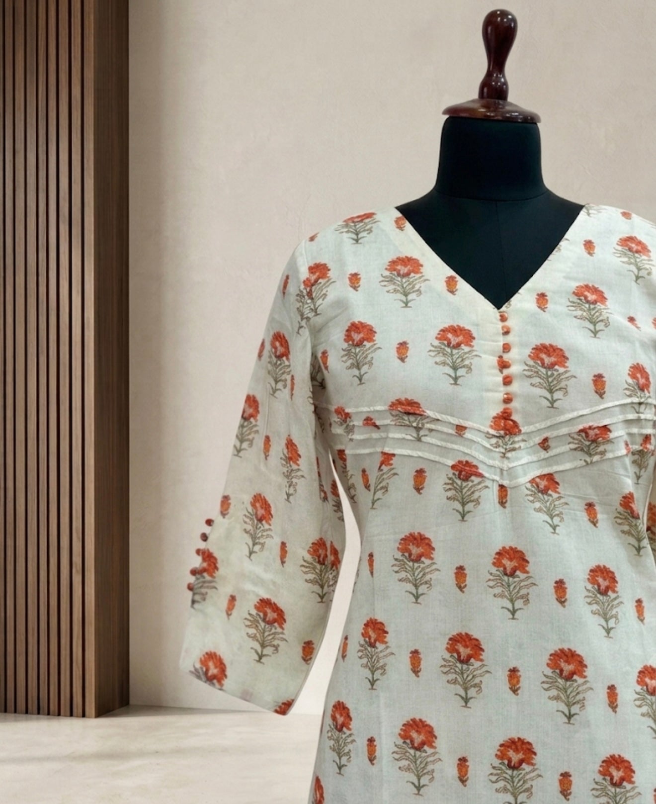 Ivory Floral Handblock Print Straight Kurti with Pintuck Yoke Detail