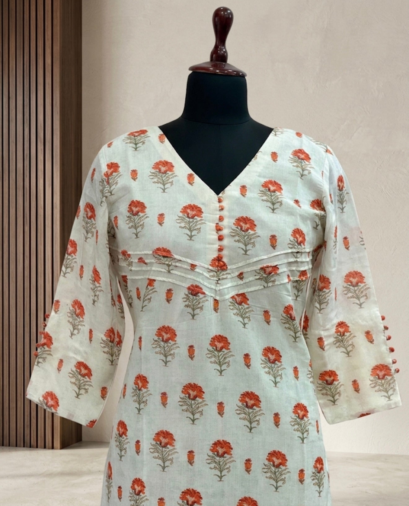 Ivory Floral Handblock Print Straight Kurti with Pintuck Yoke Detail