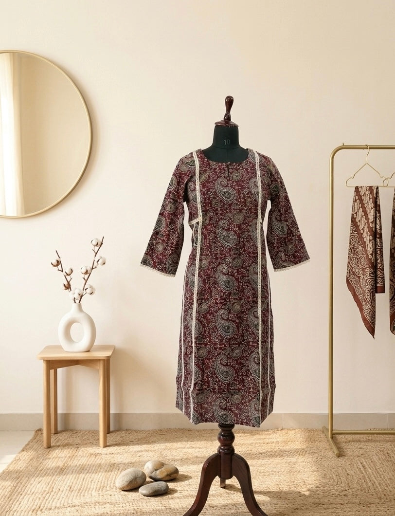 Maroon Paisley Printed Straight Kurti with Contrast Panel Detailing