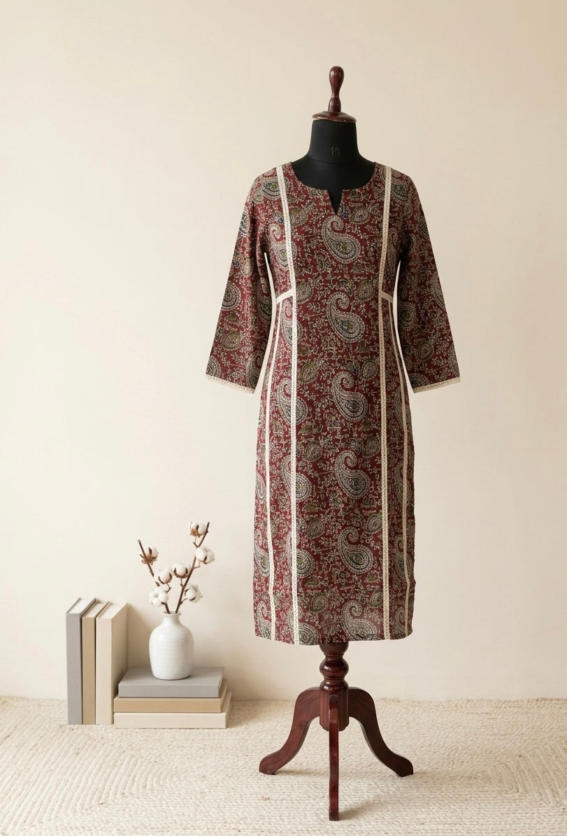 Maroon Paisley Printed Straight Kurti with Contrast Panel Detailing