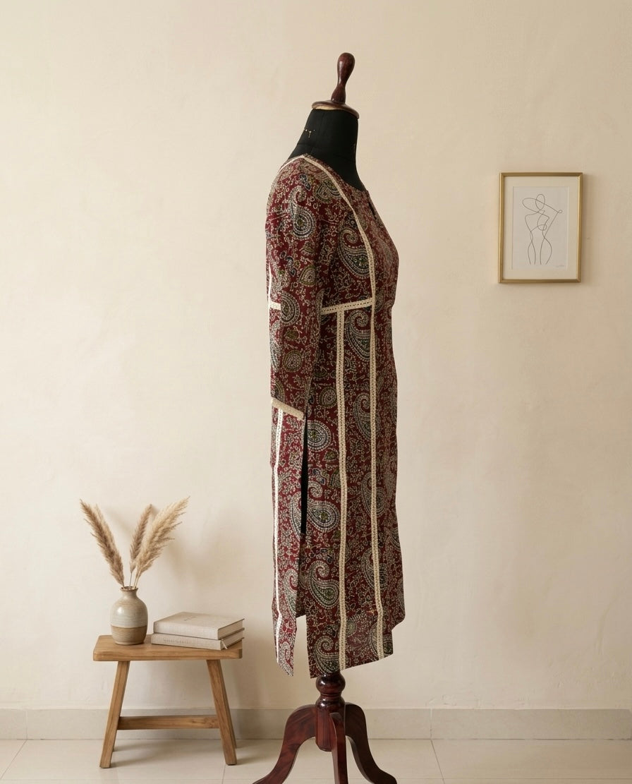 Maroon Paisley Printed Straight Kurti with Contrast Panel Detailing