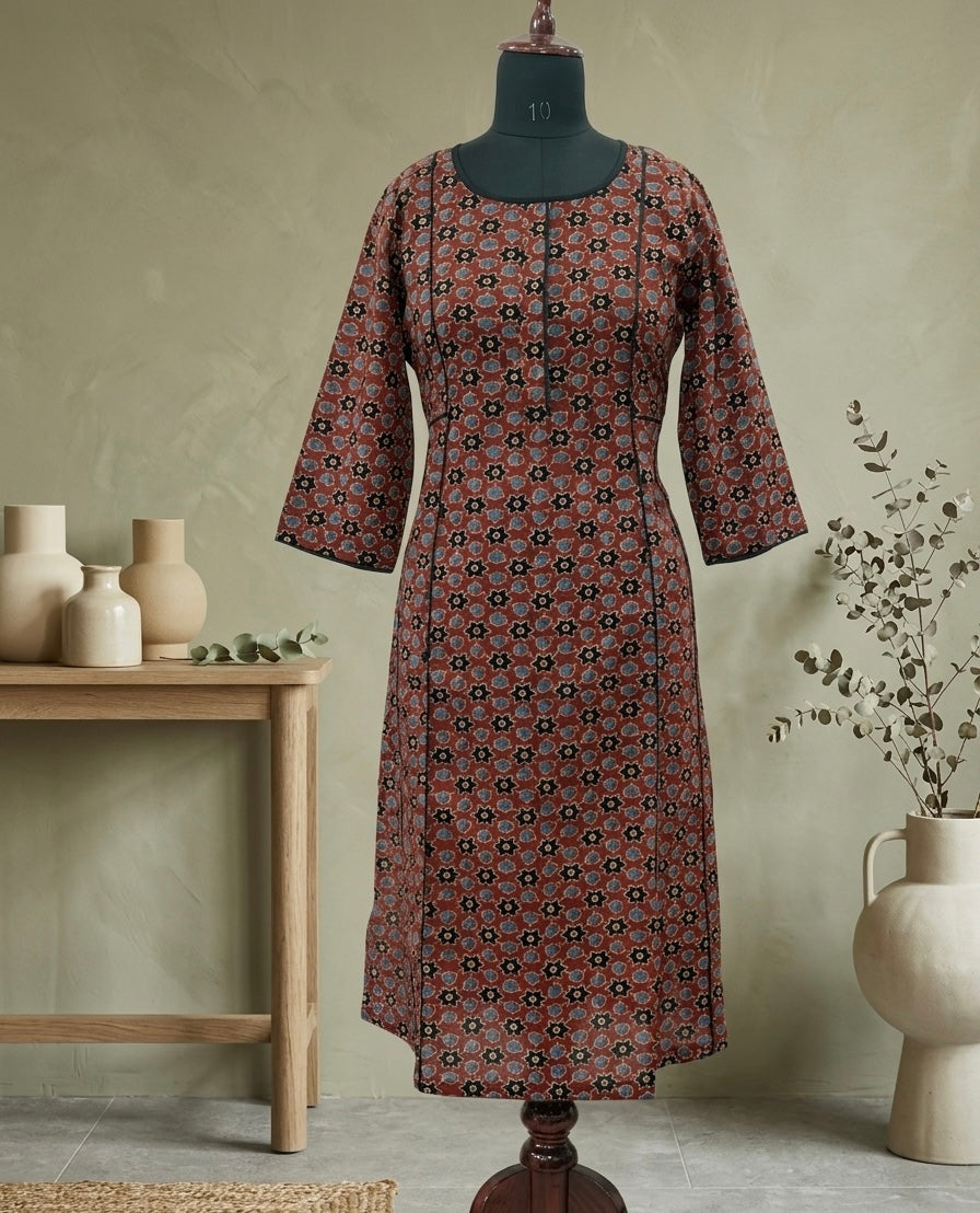 Rust Floral Geometric Printed Straight Kurti