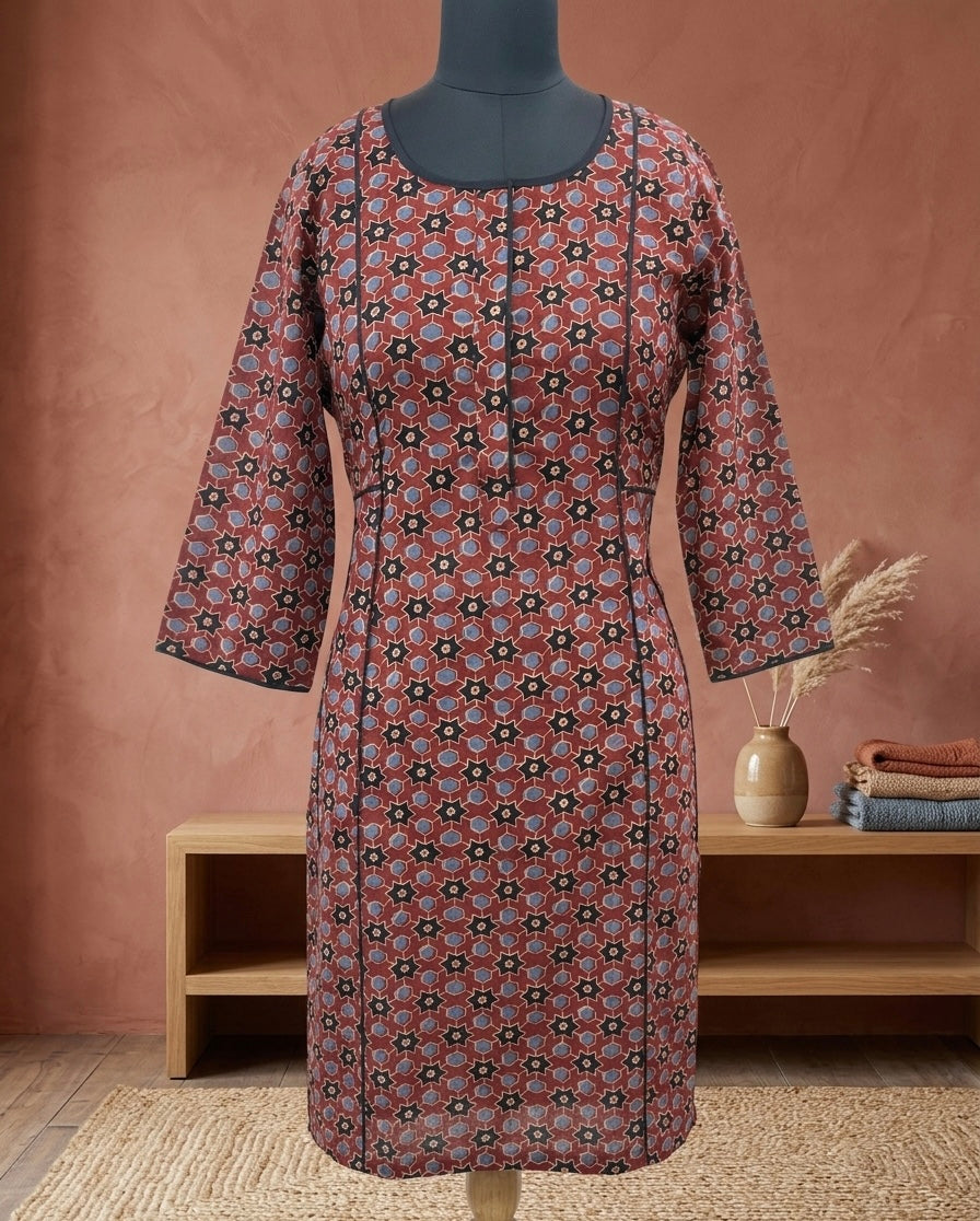 Rust Floral Geometric Printed Straight Kurti