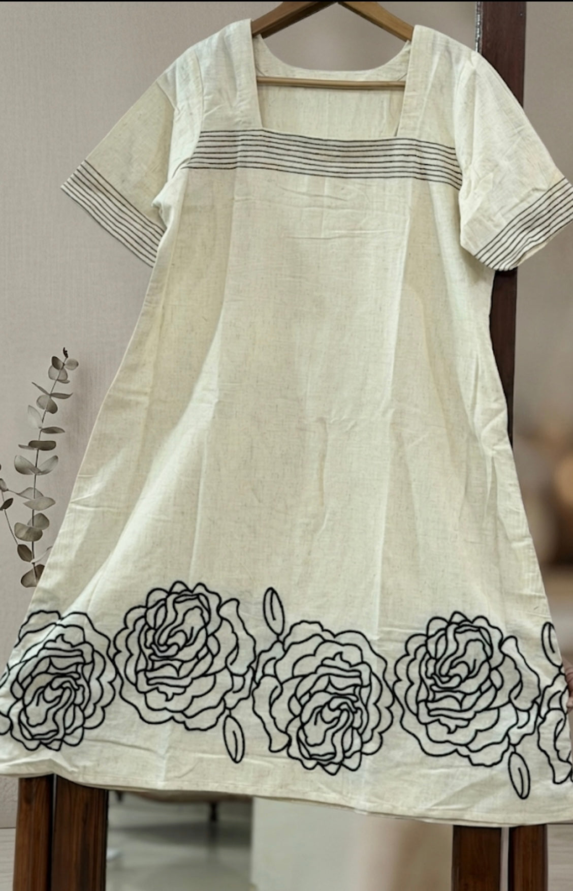 Ivory Floral Embroidered A-Line Dress