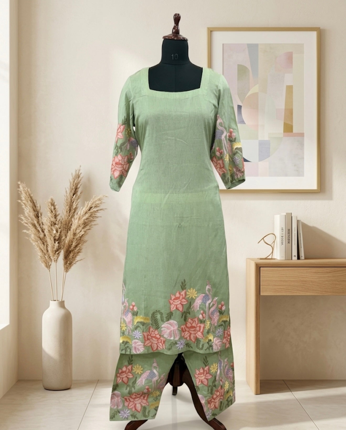 Mint Green Embroidered Kurta Set with Floral & Crane Motifs