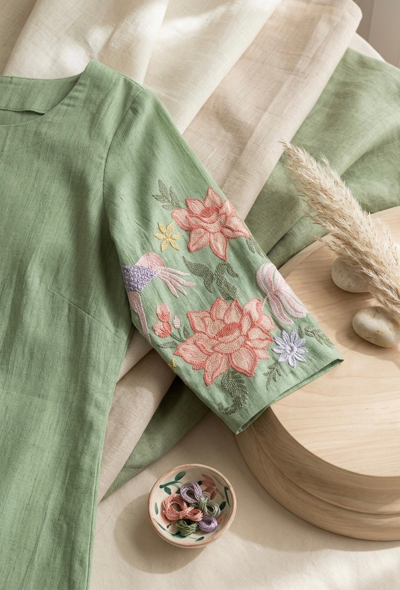 Mint Green Embroidered Kurta Set with Floral & Crane Motifs