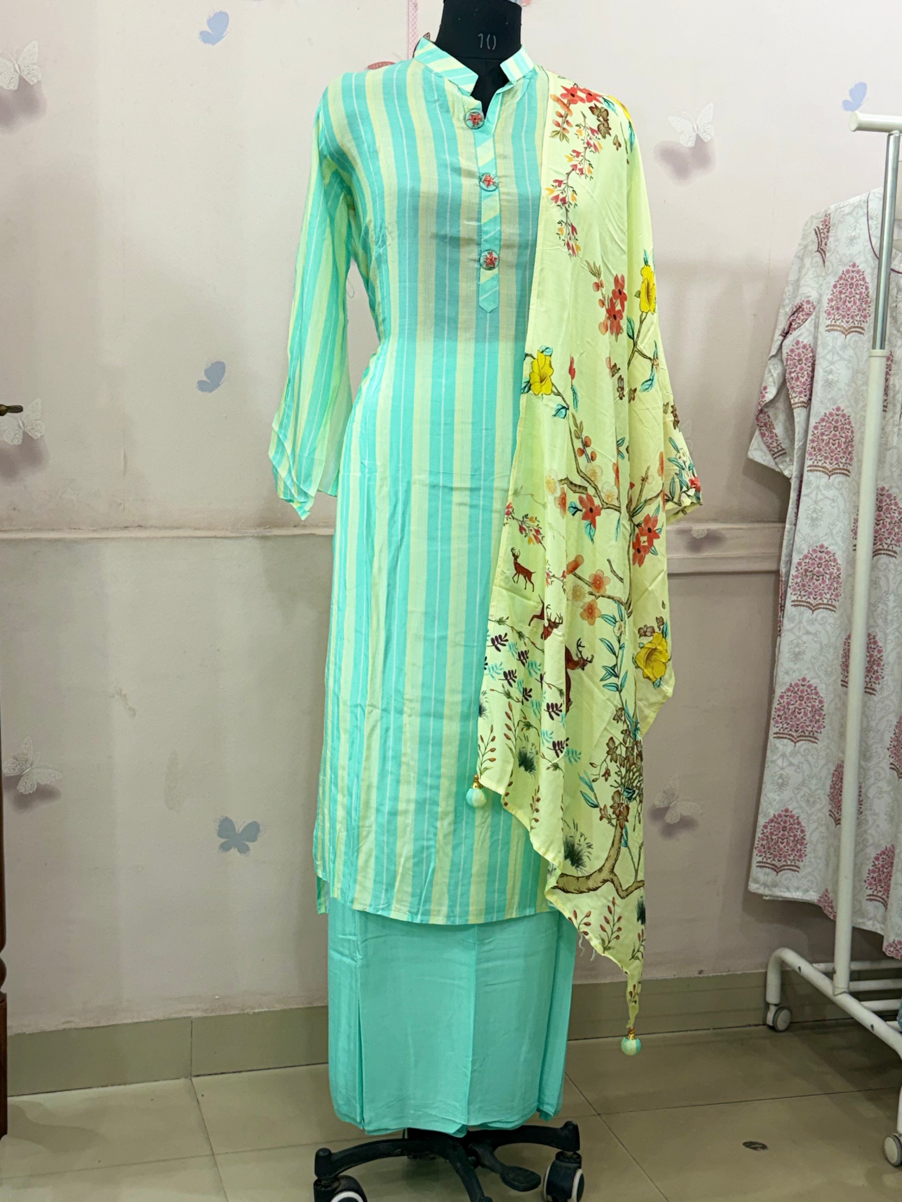 Mint Green & Aqua Striped Silk Cotton Dress Material with Floral Printed Dupatta