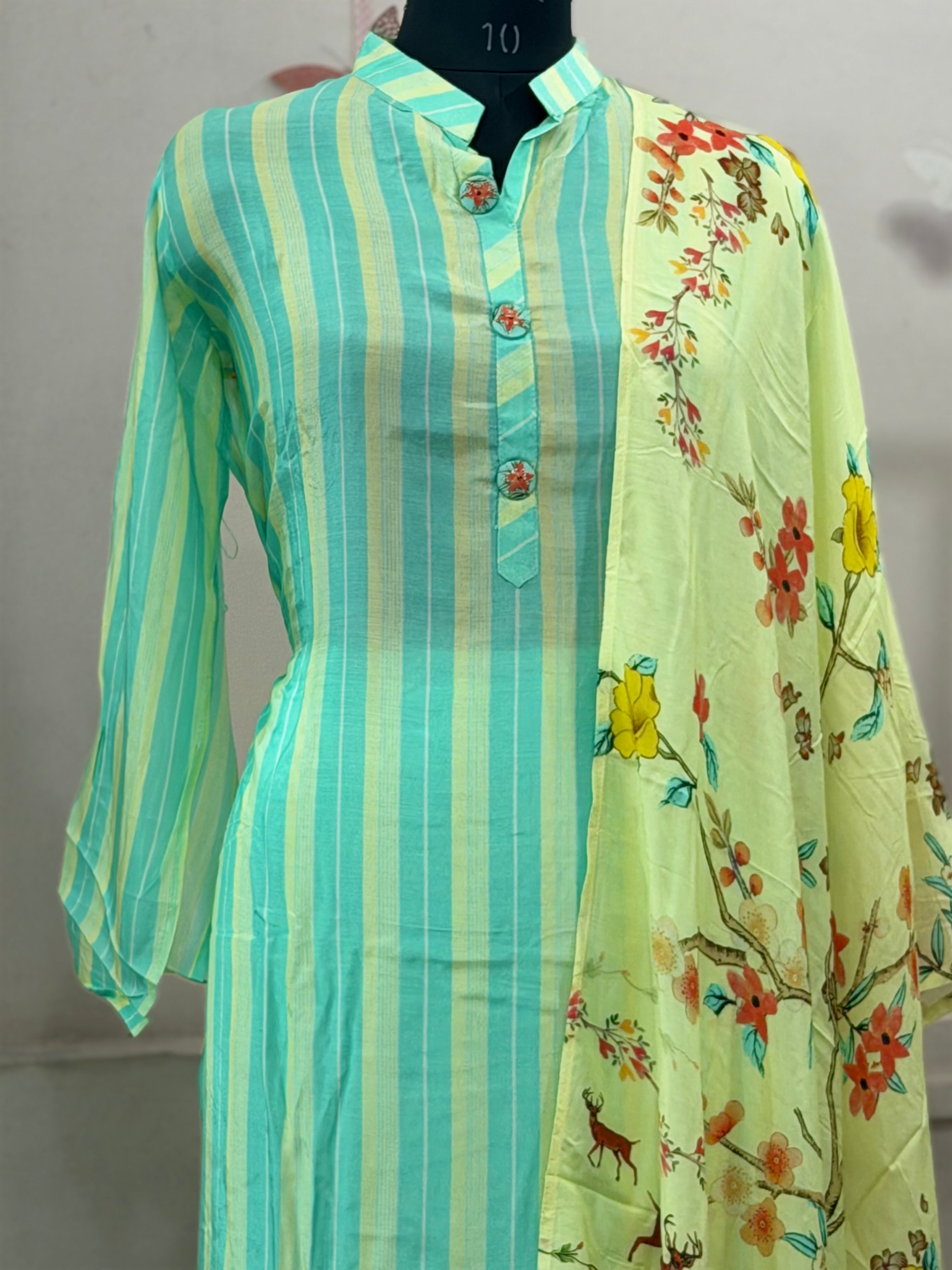 Mint Green & Aqua Striped Silk Cotton Dress Material with Floral Printed Dupatta