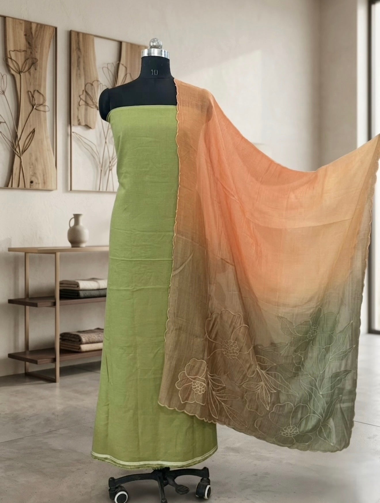 Olive Green & Peach Ombre Floral Embroidered Suit with Scalloped Dupatta
