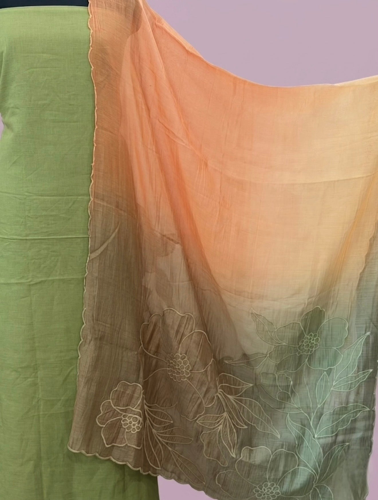 Olive Green & Peach Ombre Floral Embroidered Suit with Scalloped Dupatta