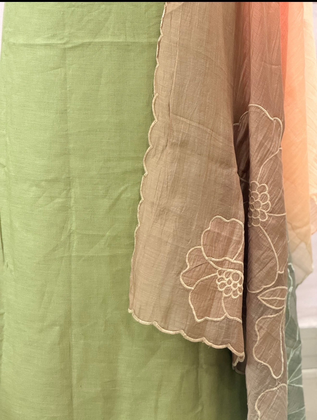 Olive Green & Peach Ombre Floral Embroidered Suit with Scalloped Dupatta