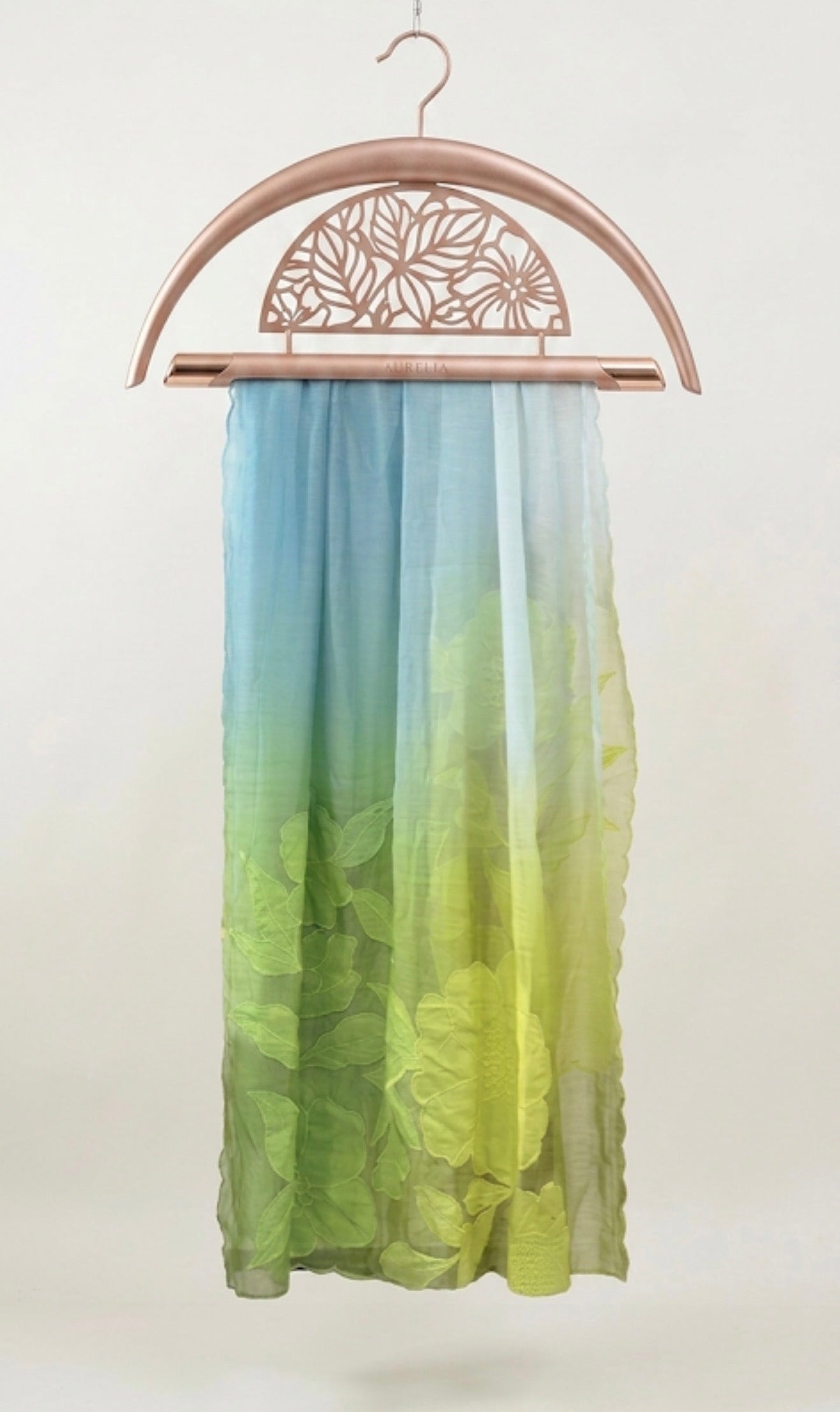 Pastel Blue to Lime Green Ombre Floral Embroidered Dupatta