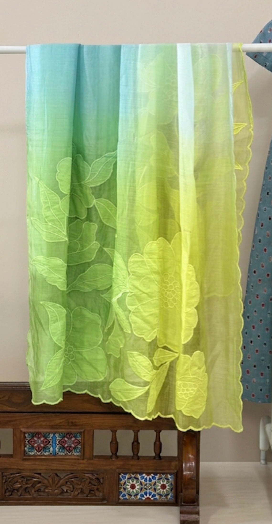 Pastel Blue to Lime Green Ombre Floral Embroidered Dupatta