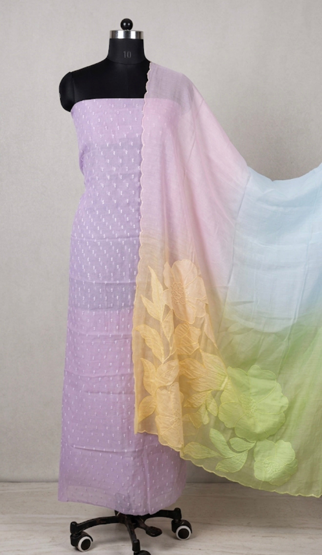 Lavender & Pastel Ombre Organza Suit with Floral Embroidered Dupatta