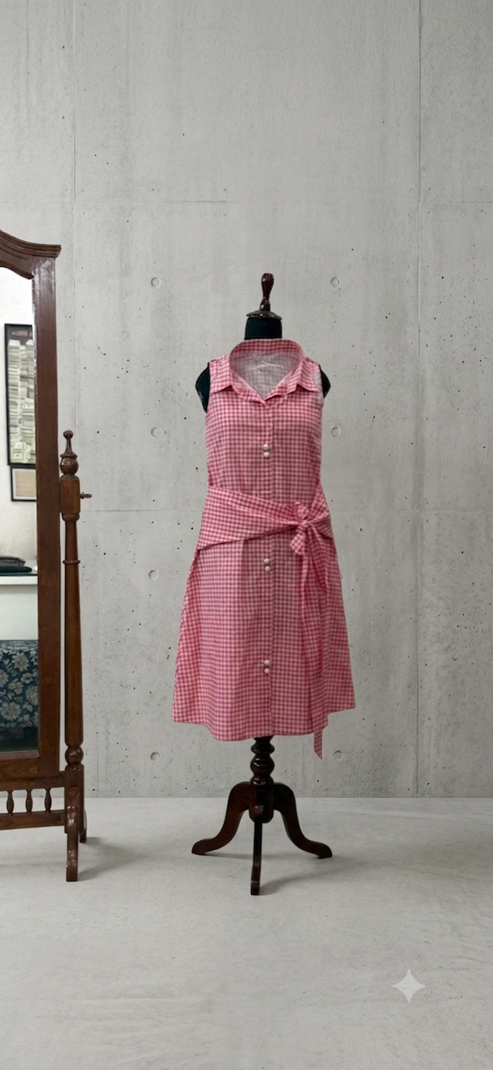 Pink and White sleeveless shirt dress with waist tie