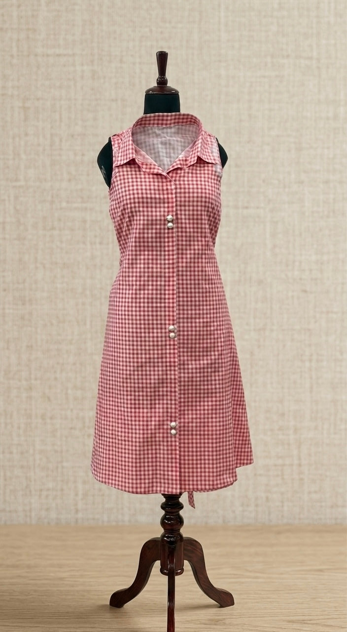 Pink and White sleeveless shirt dress with waist tie
