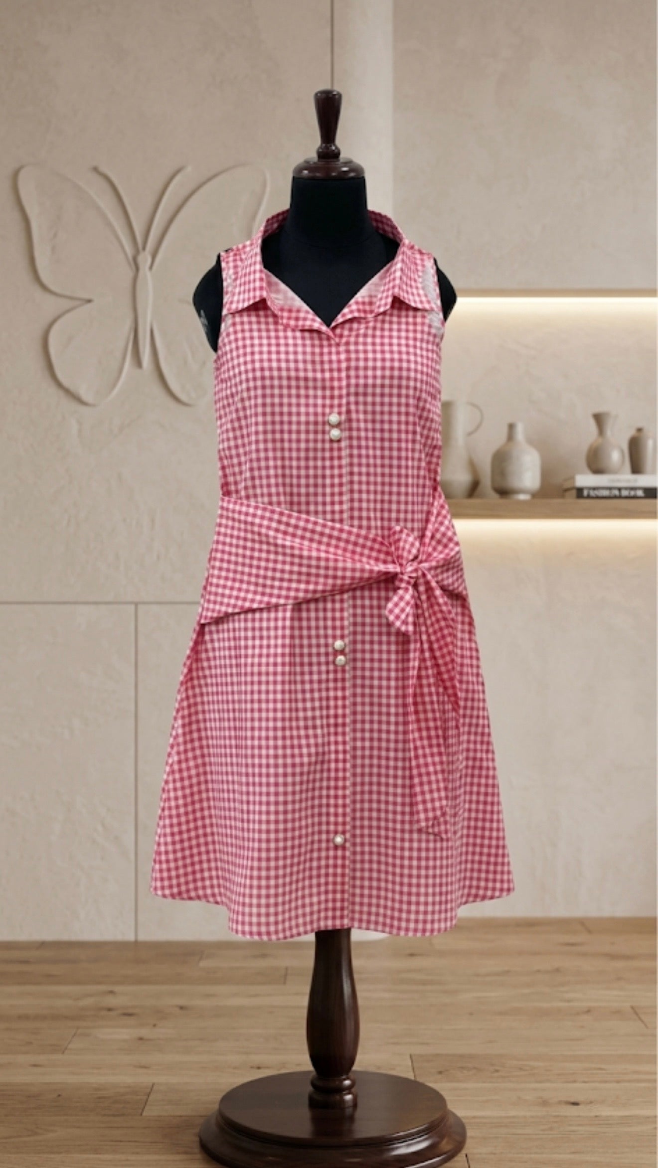 Pink and White sleeveless shirt dress with waist tie