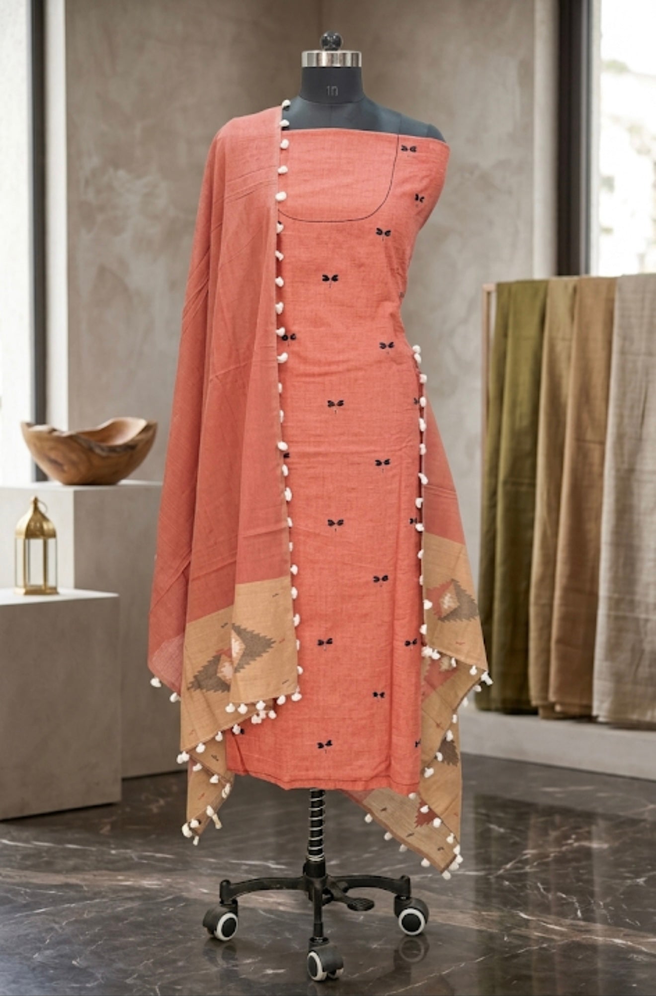 Coral Embroidered Kurta Set with Dupatta