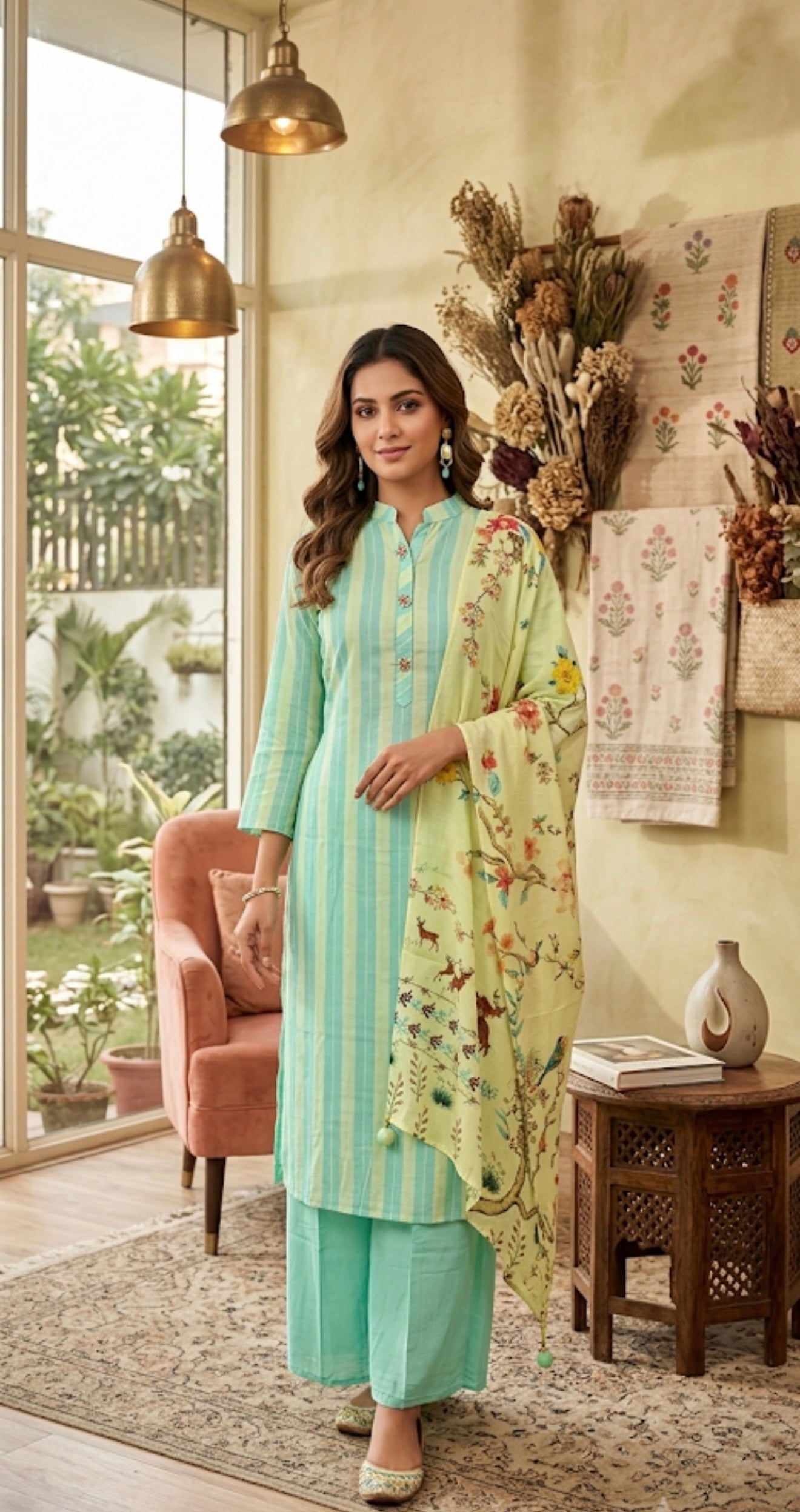 Mint Green & Aqua Striped Silk Cotton Dress Material with Floral Printed Dupatta