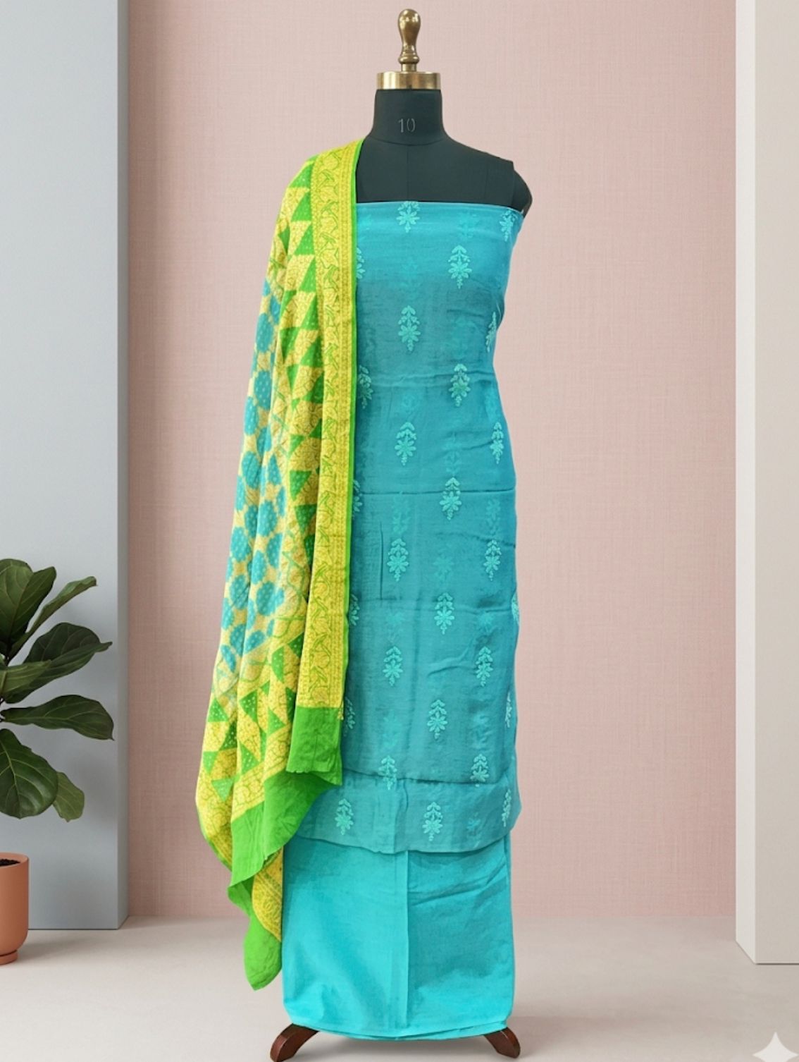 Teal Blue Mul Chanderi Festive Dress Material Set with Bandhani Dupatta
