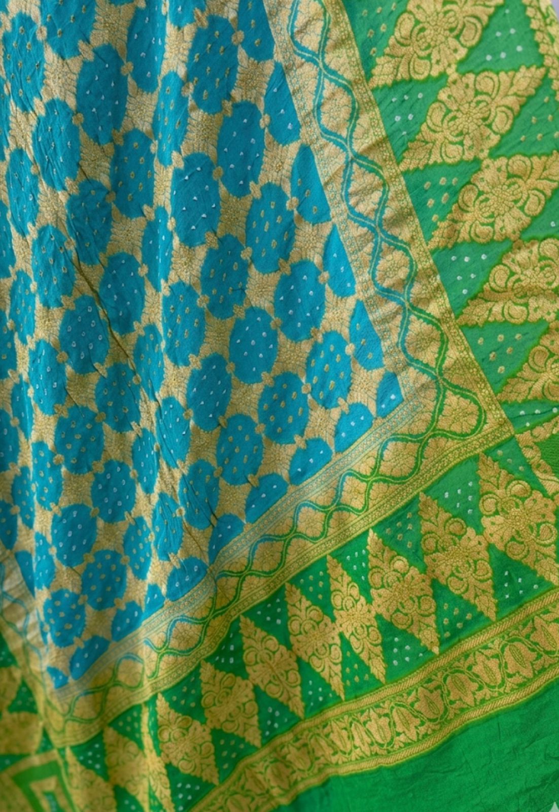 Teal Blue Mul Chanderi Festive Dress Material Set with Bandhani Dupatta