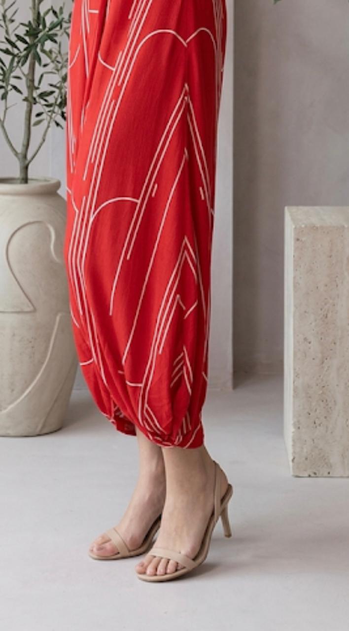Scarlet Red Abstract Print Tulip Hem Dress