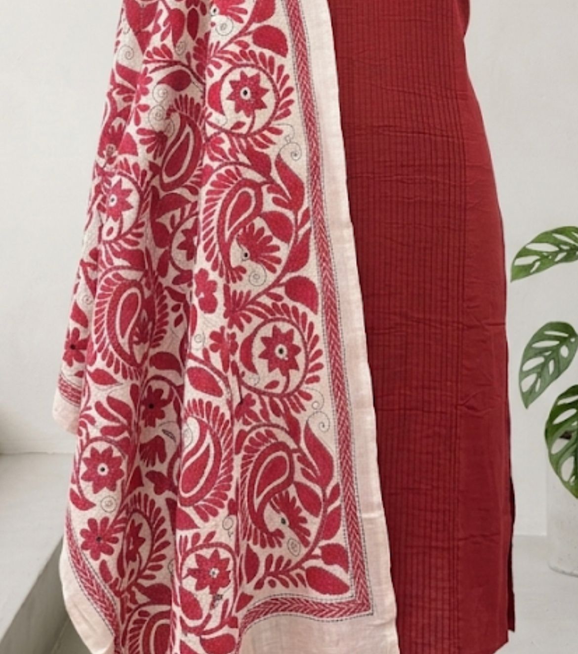 Crimson Red Straight Kurta Set with Kashmiri Inspired Printed Dupatta