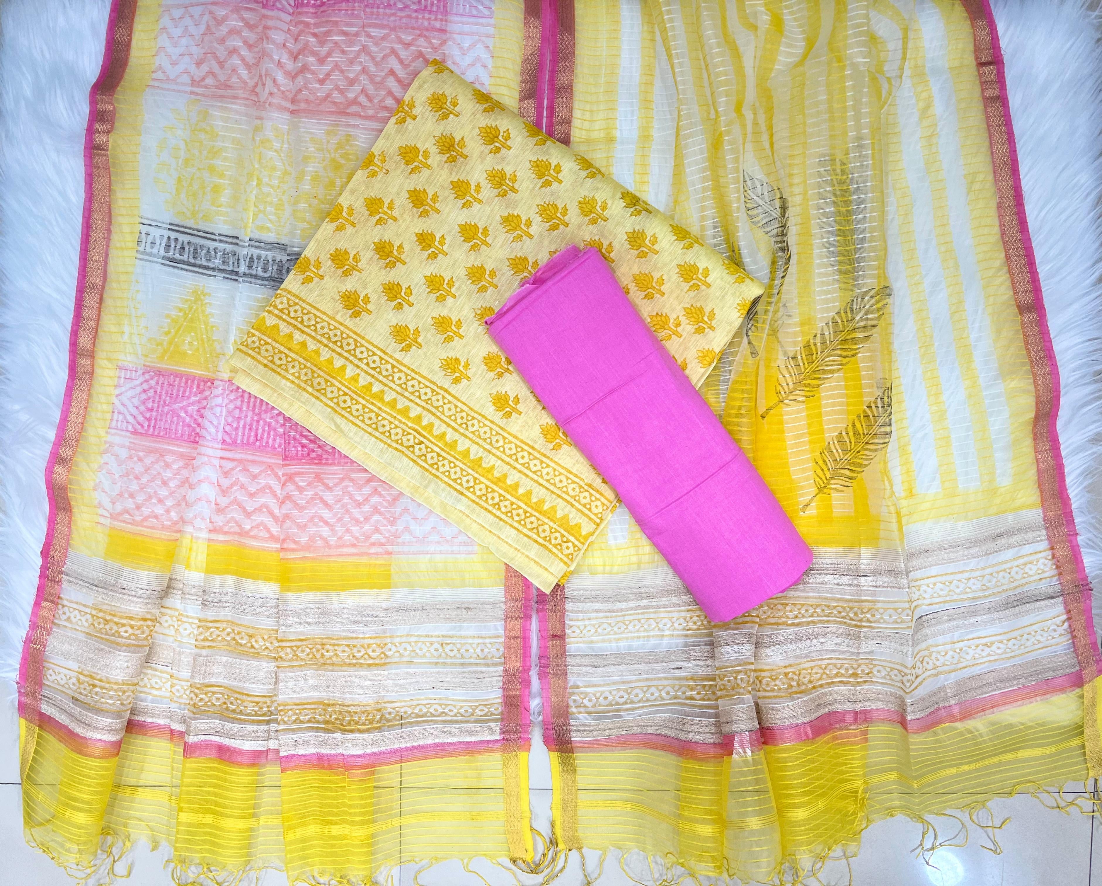 Yellow & Pink Printed Cotton Dress Material with Striped Dupatta