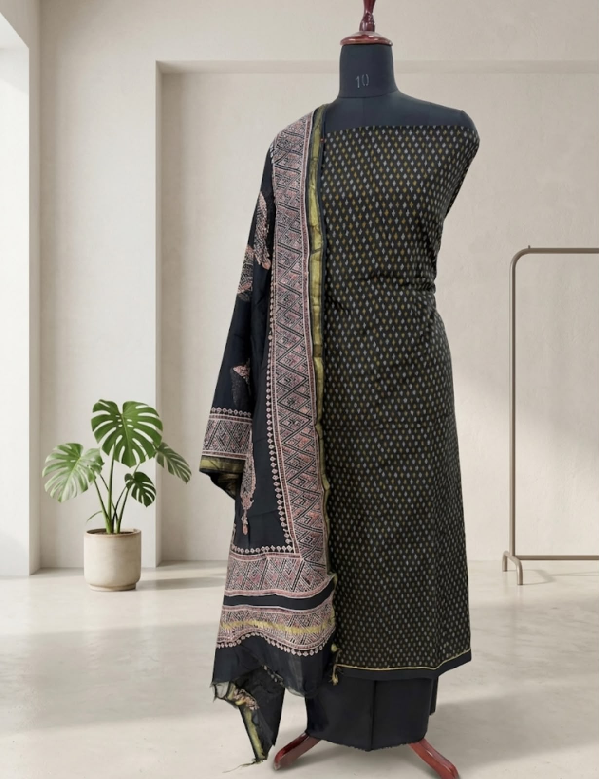 Black & Olive Printed Cotton Suit with Traditional Patterned Dupatta