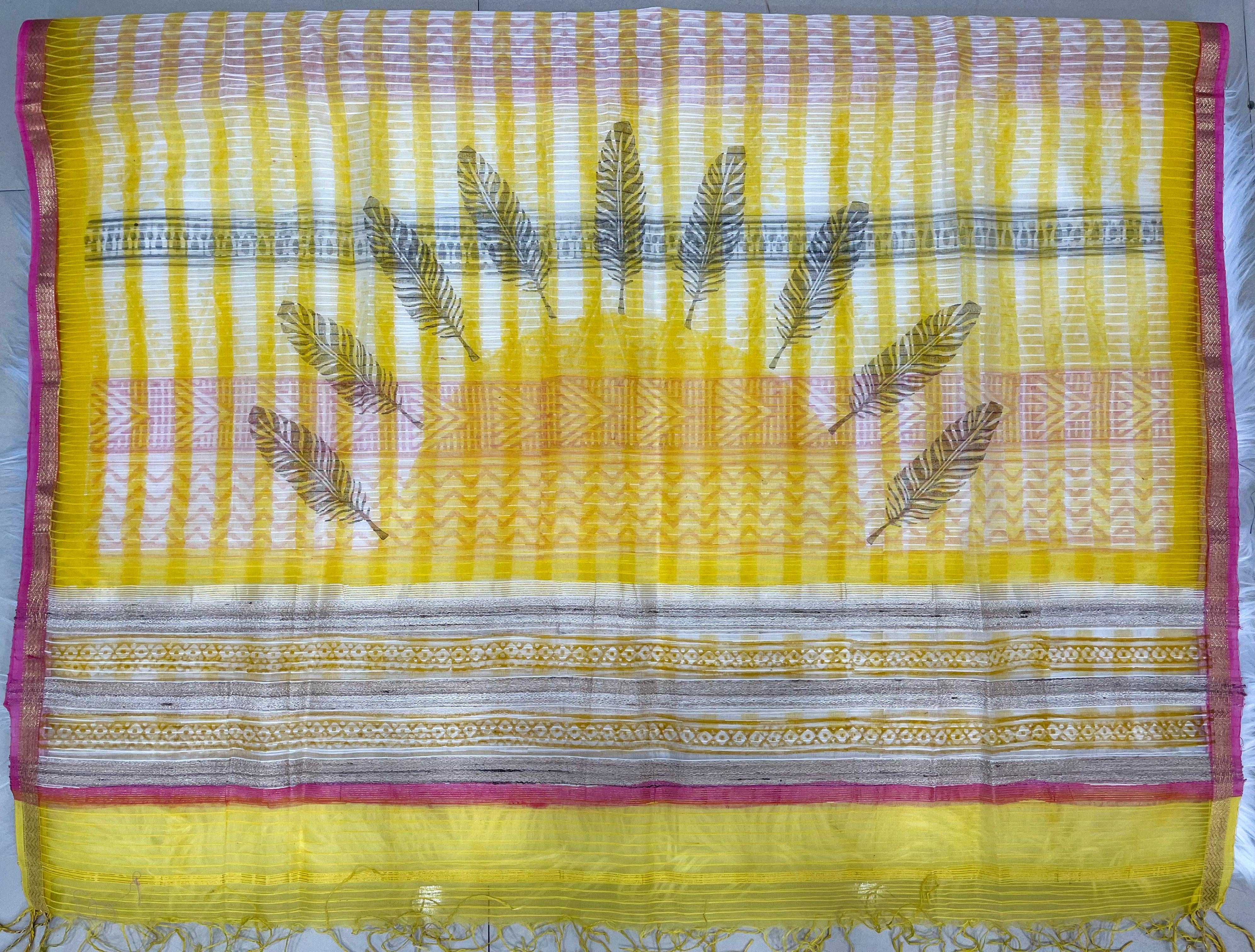 Yellow & Pink Printed Cotton Dress Material with Striped Dupatta
