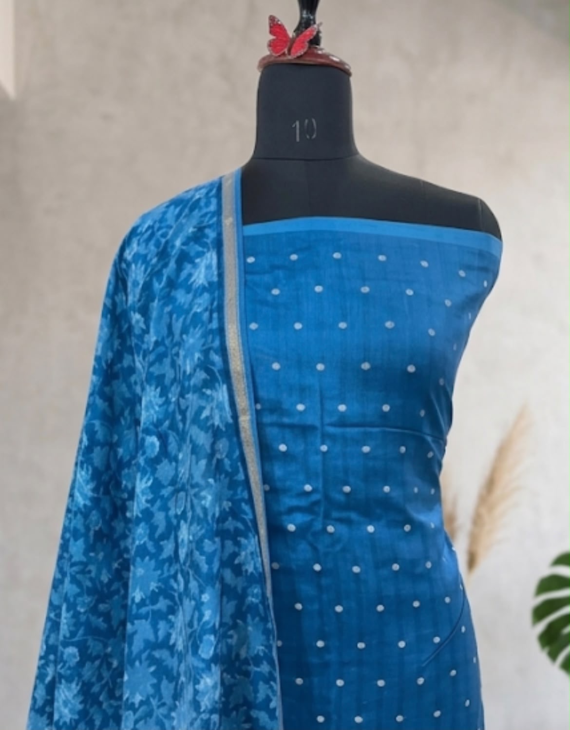 Peacock blue sliver dot Chanderi silk unstitched material