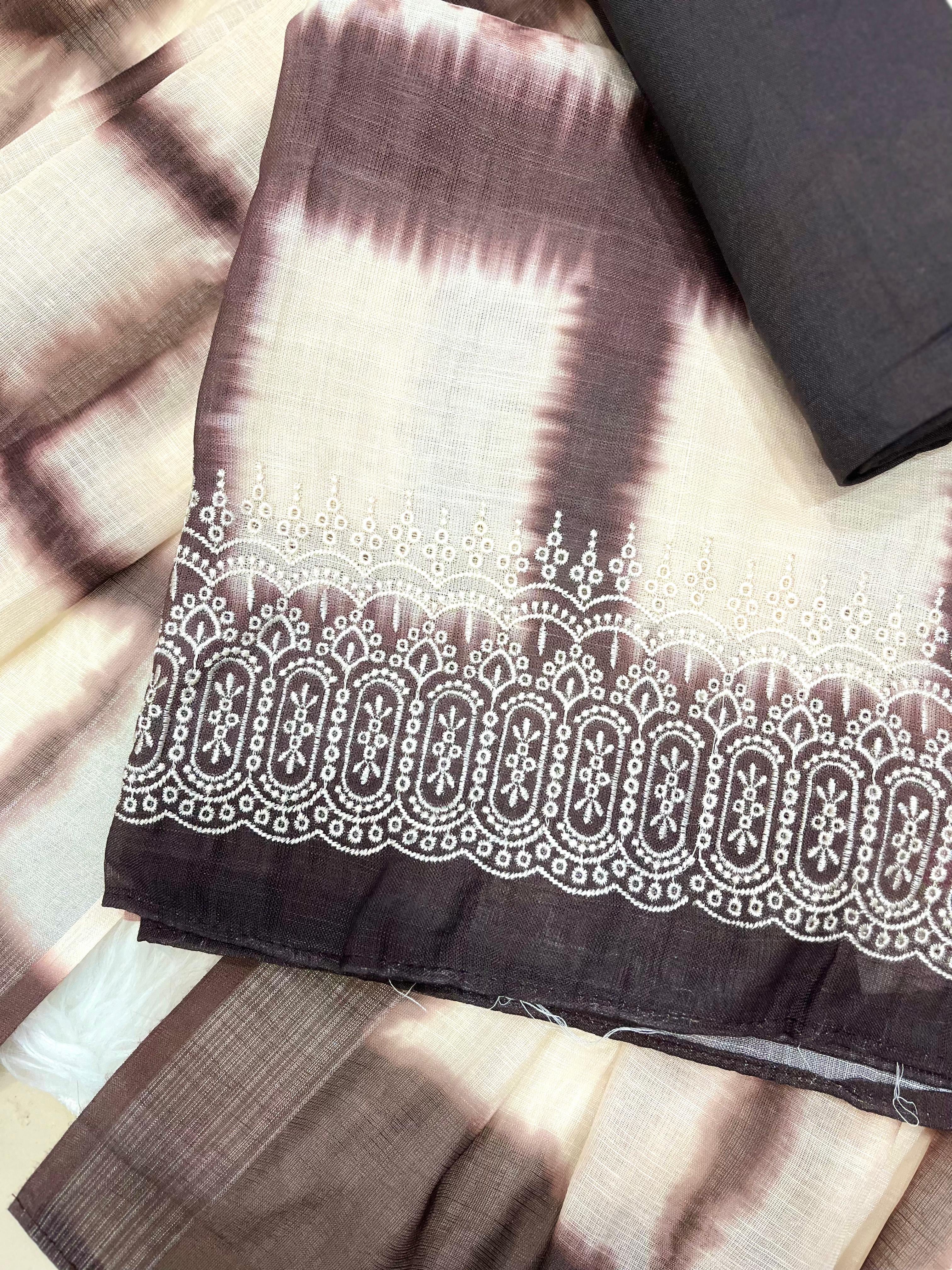 Brown & Beige Tie-Dye Dress Material with Intricate White Printed Border