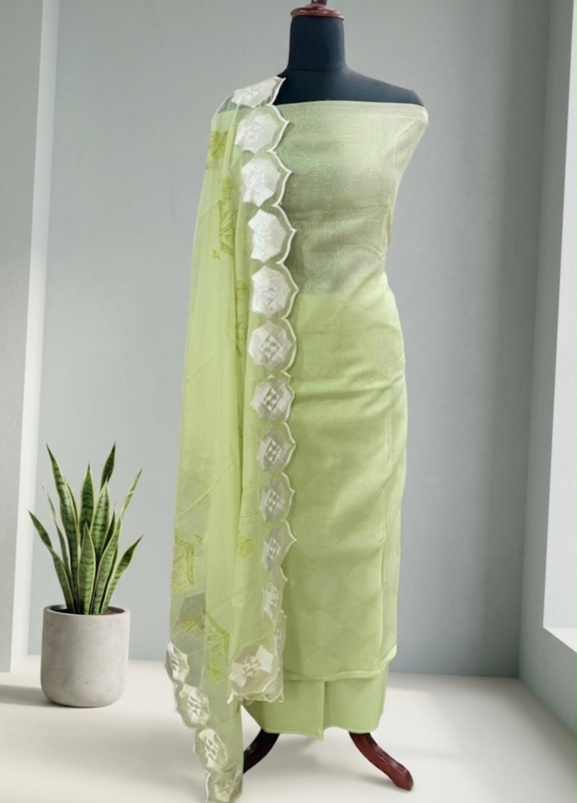 Pista Green Silk Cotton Suit with White Floral Lace Border Dupatta
