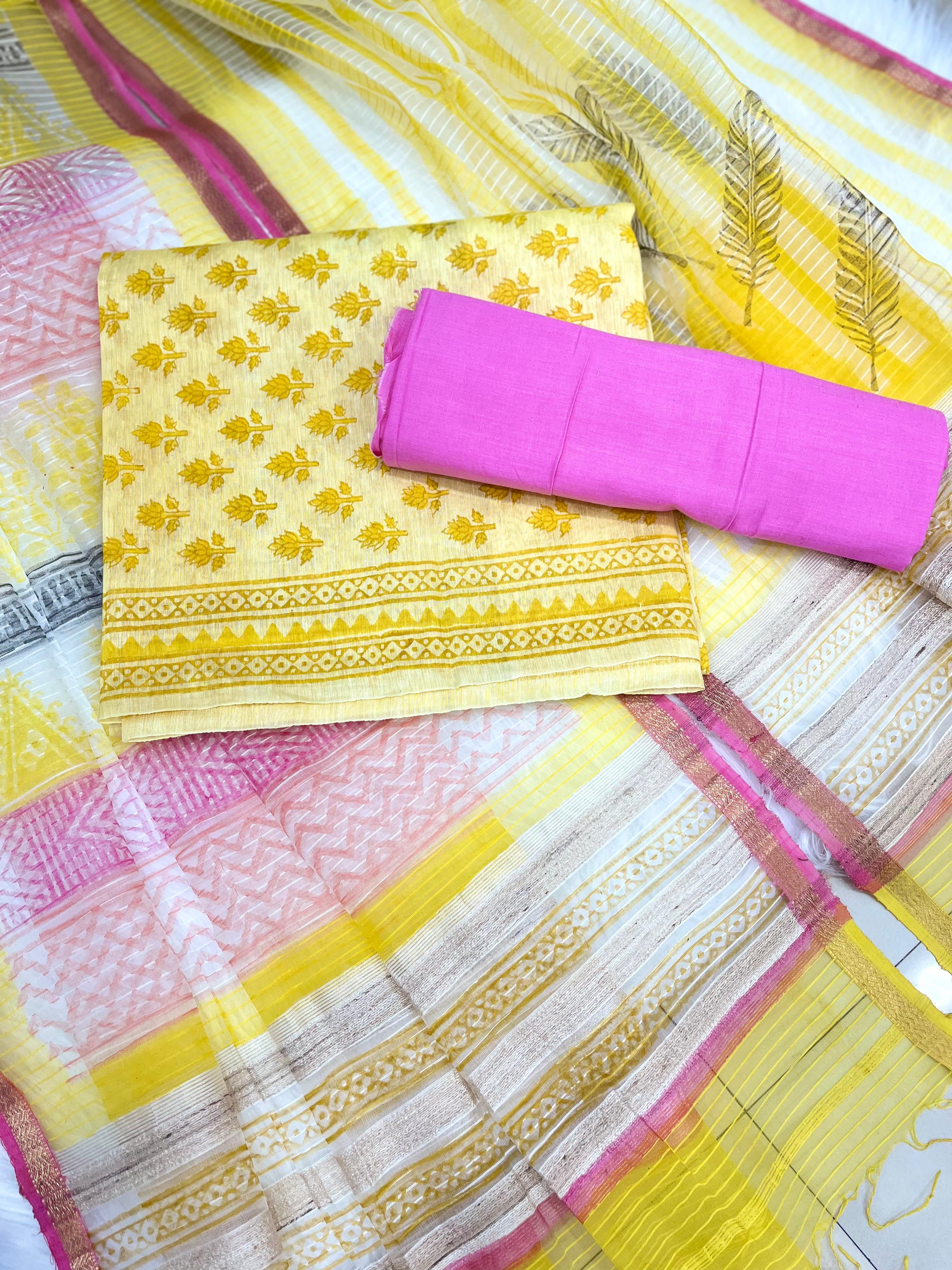 Yellow & Pink Printed Cotton Dress Material with Striped Dupatta