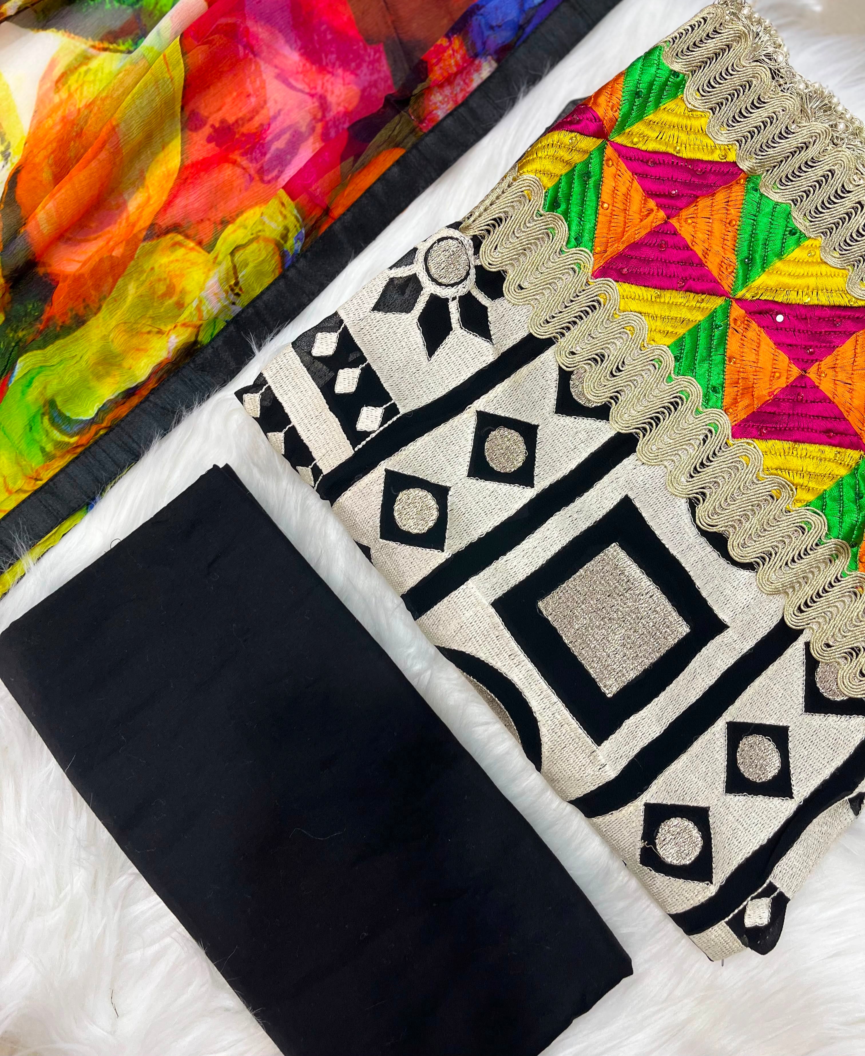 Multicolour Patchwork & Black Printed Suit with Geometric Embroidered Dupatta