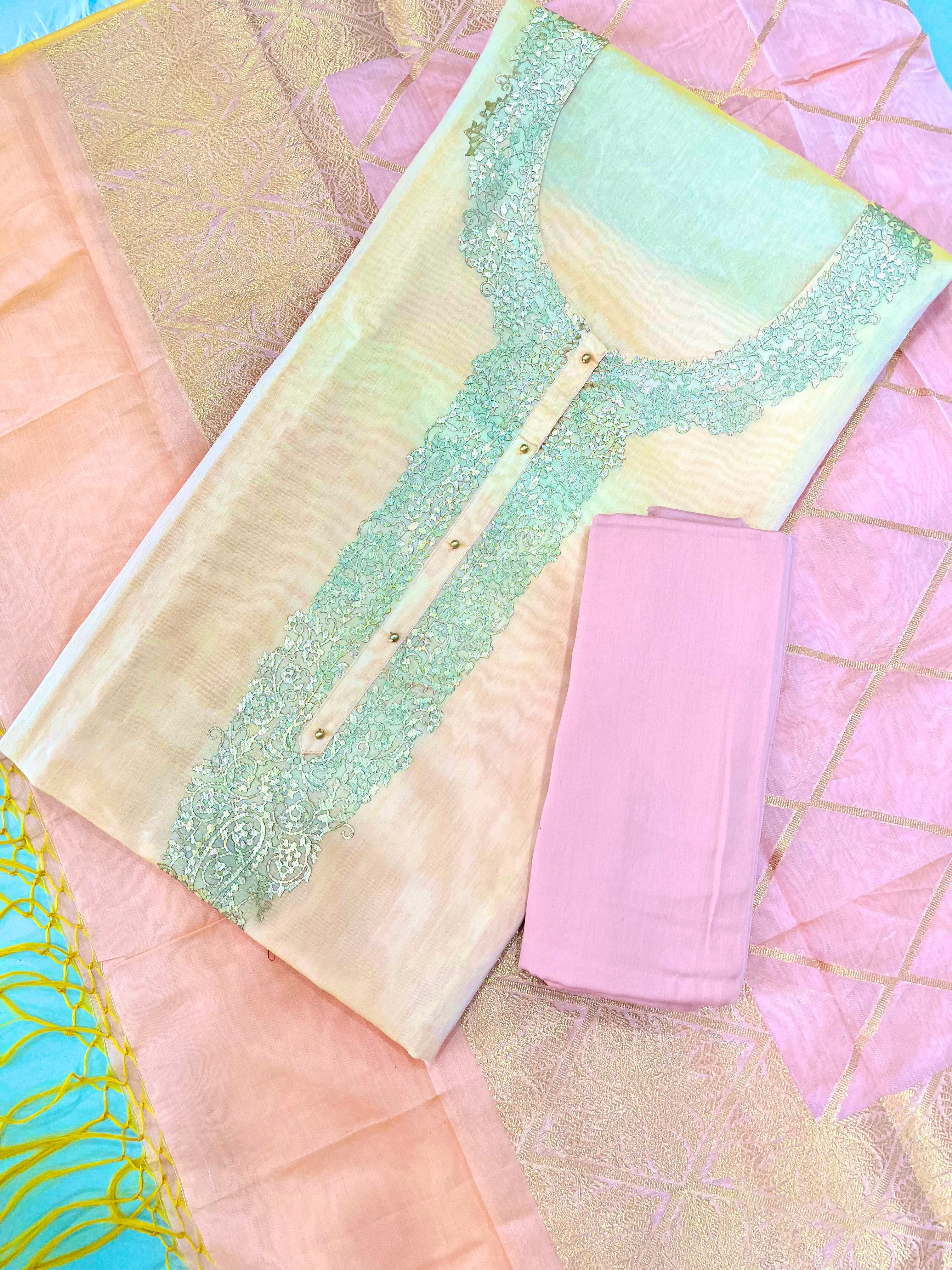 Pastel Pink & Cream Embroidered Suit with Designer Dupatta & Golden Border