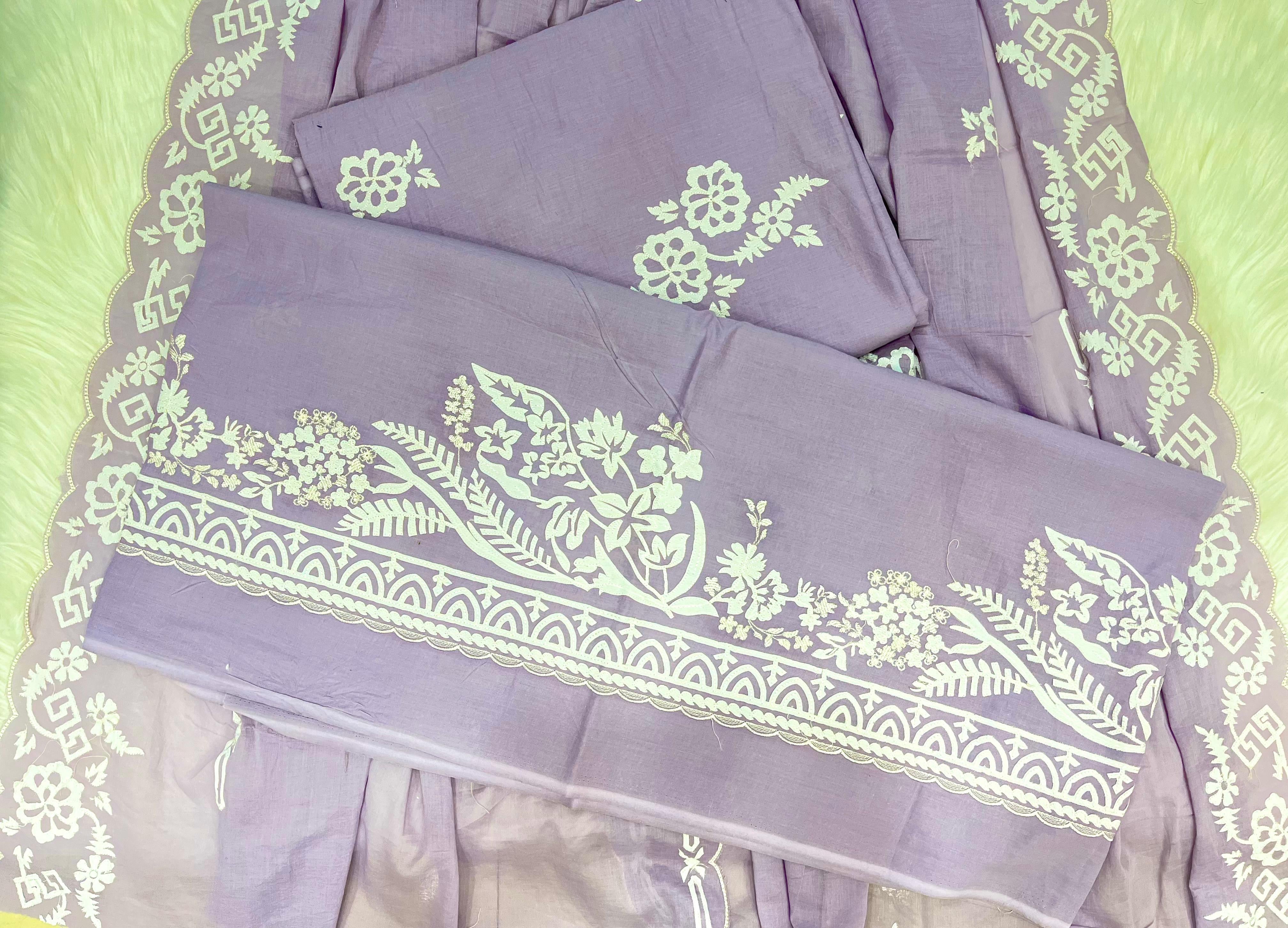 Lavender Cotton Dress Material with White Floral Embroidery & Printed Border