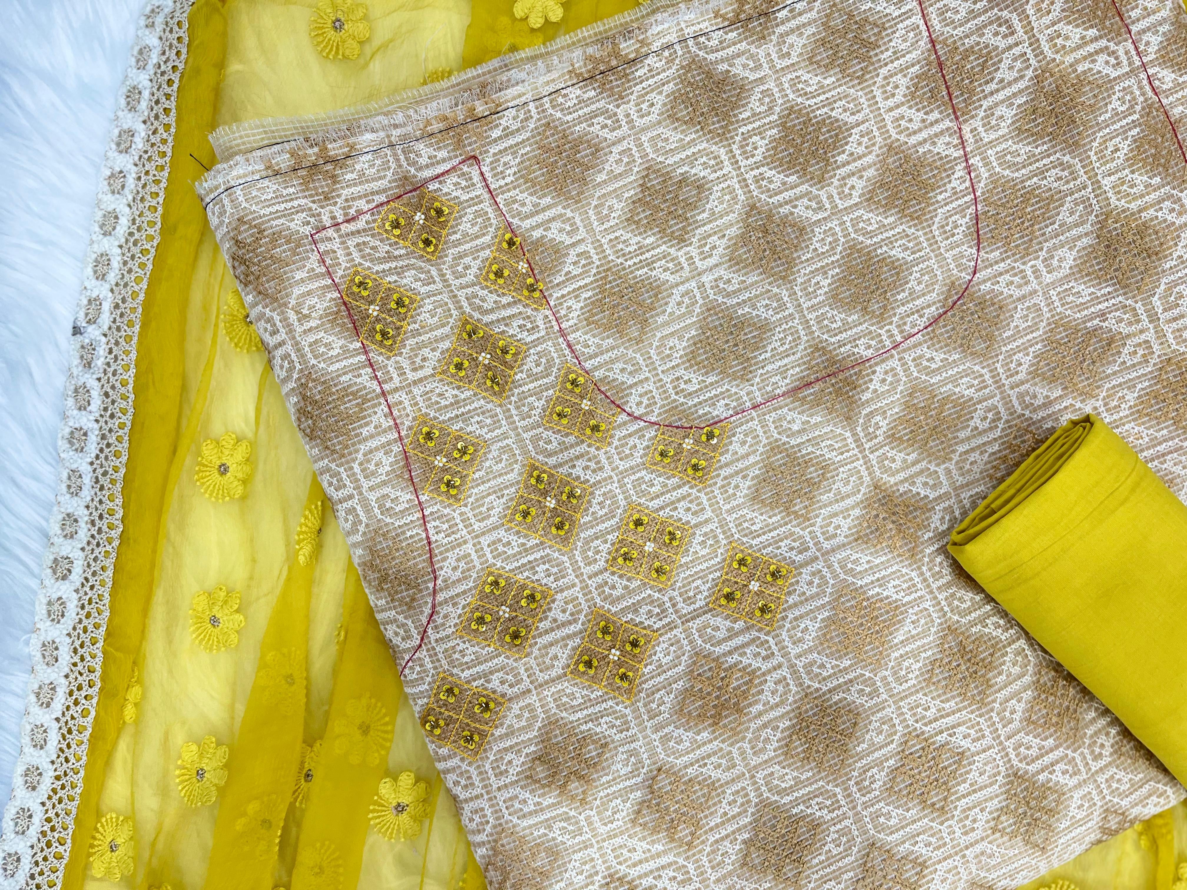 Mustard Yellow & Beige Printed Suit with Floral Embroidered Dupatta