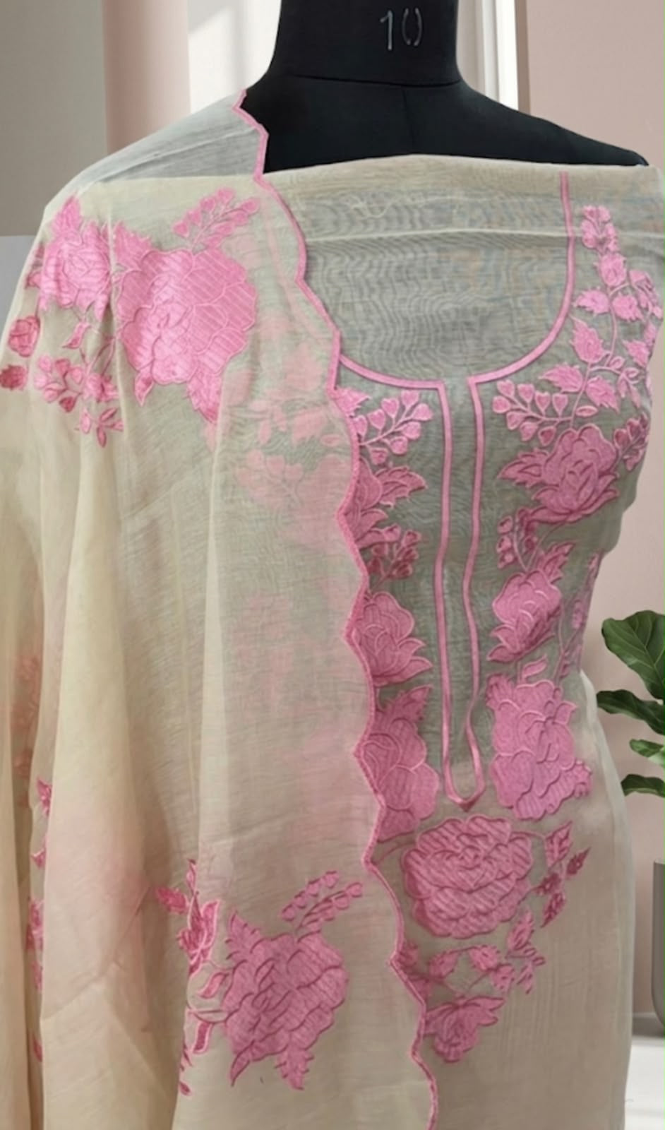 Beige & Pink Floral Embroidered Suit with Scalloped Organza Dupatta