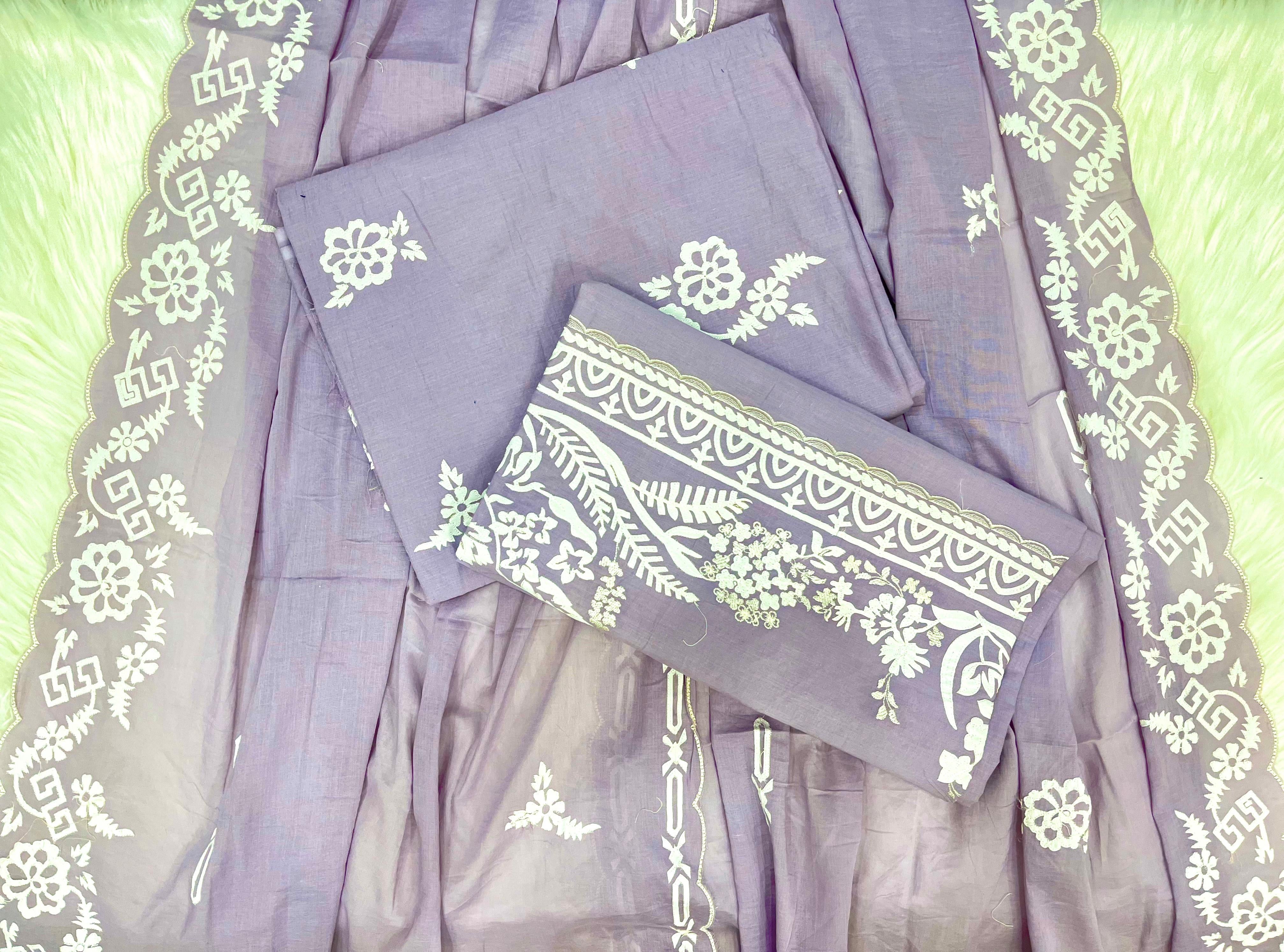 Lavender Cotton Dress Material with White Floral Embroidery & Printed Border