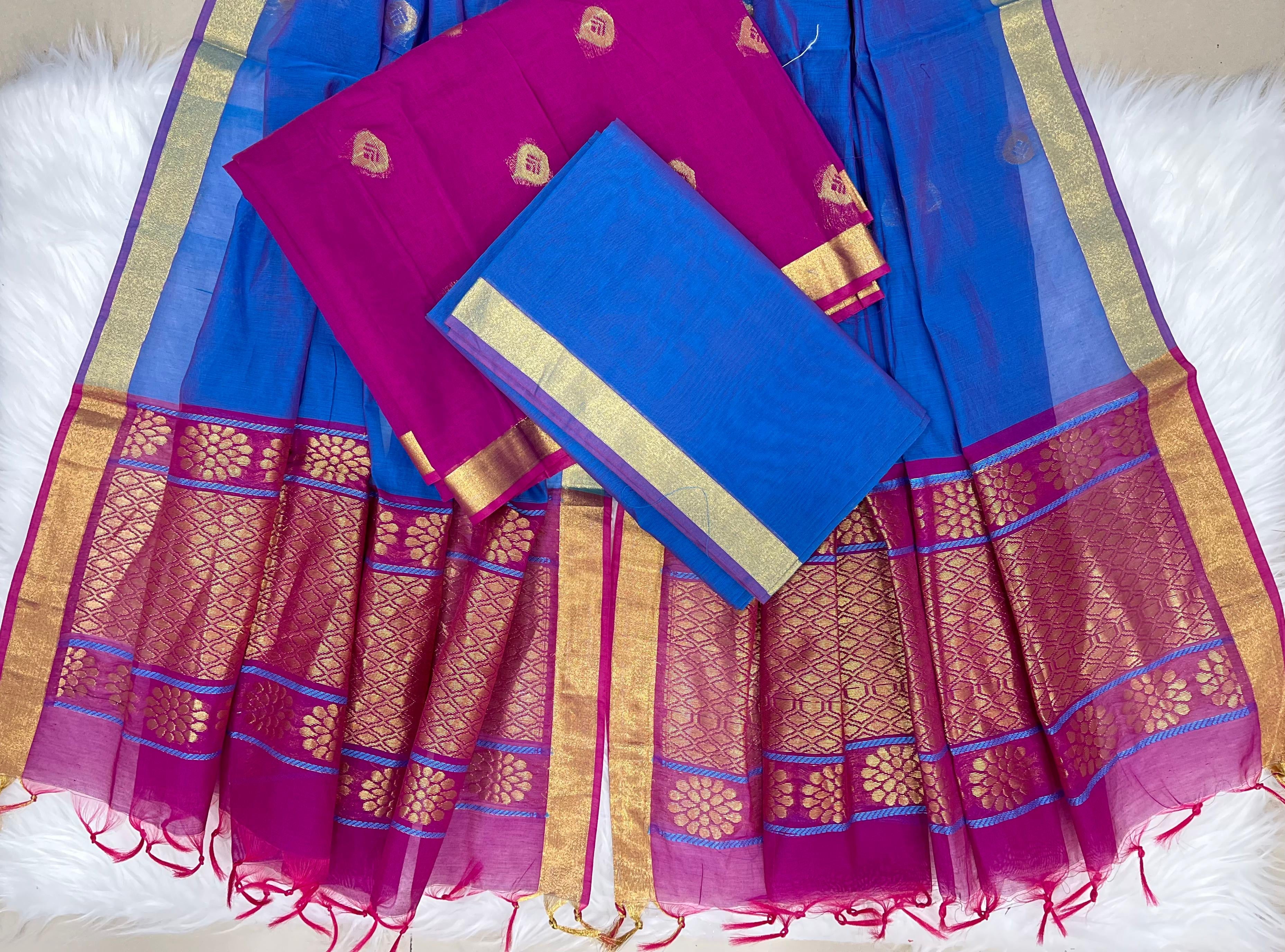 Royal Blue & Magenta Silk Cotton Dress Material with Zari Woven Border