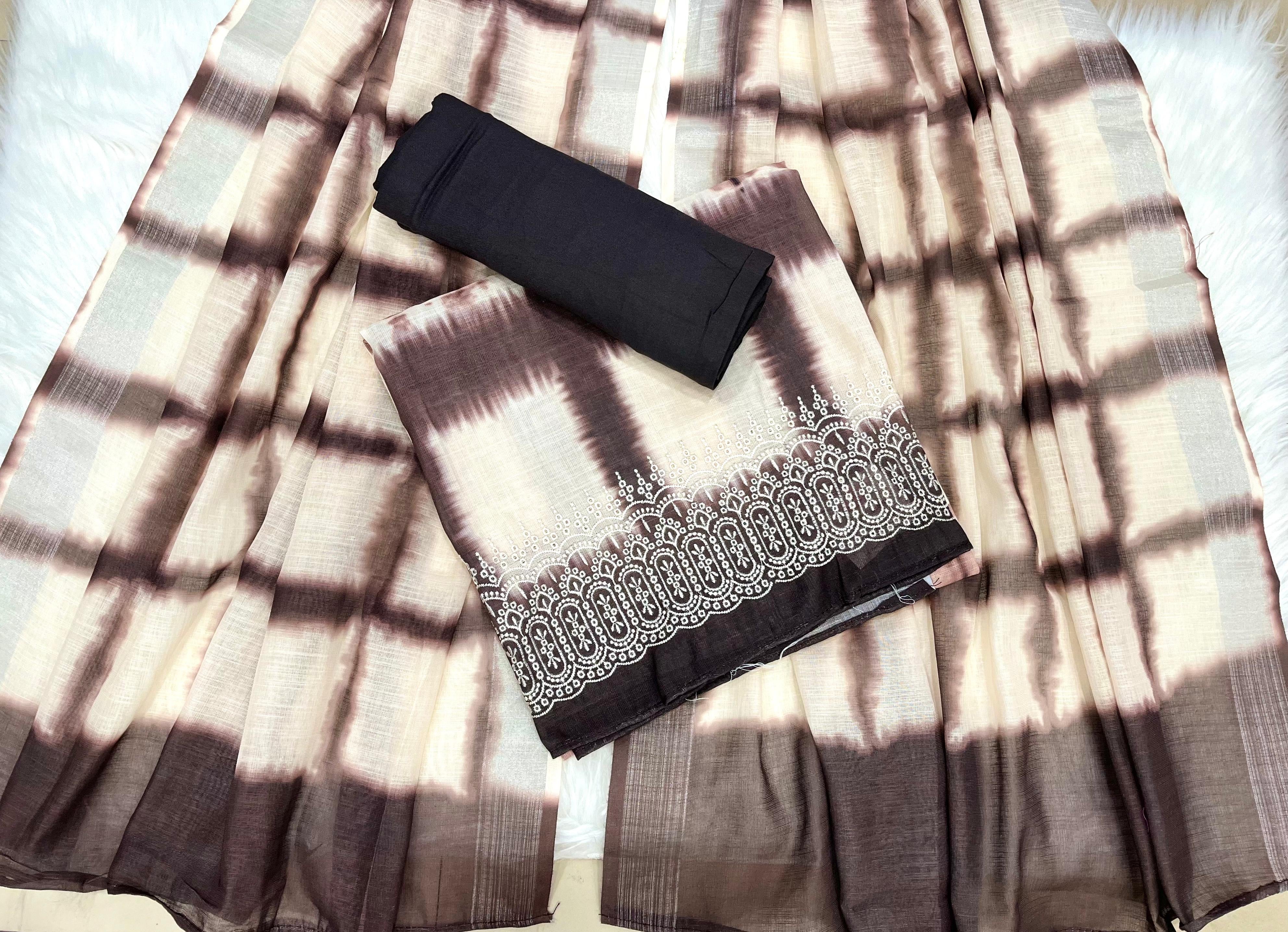 Brown & Beige Tie-Dye Dress Material with Intricate White Printed Border