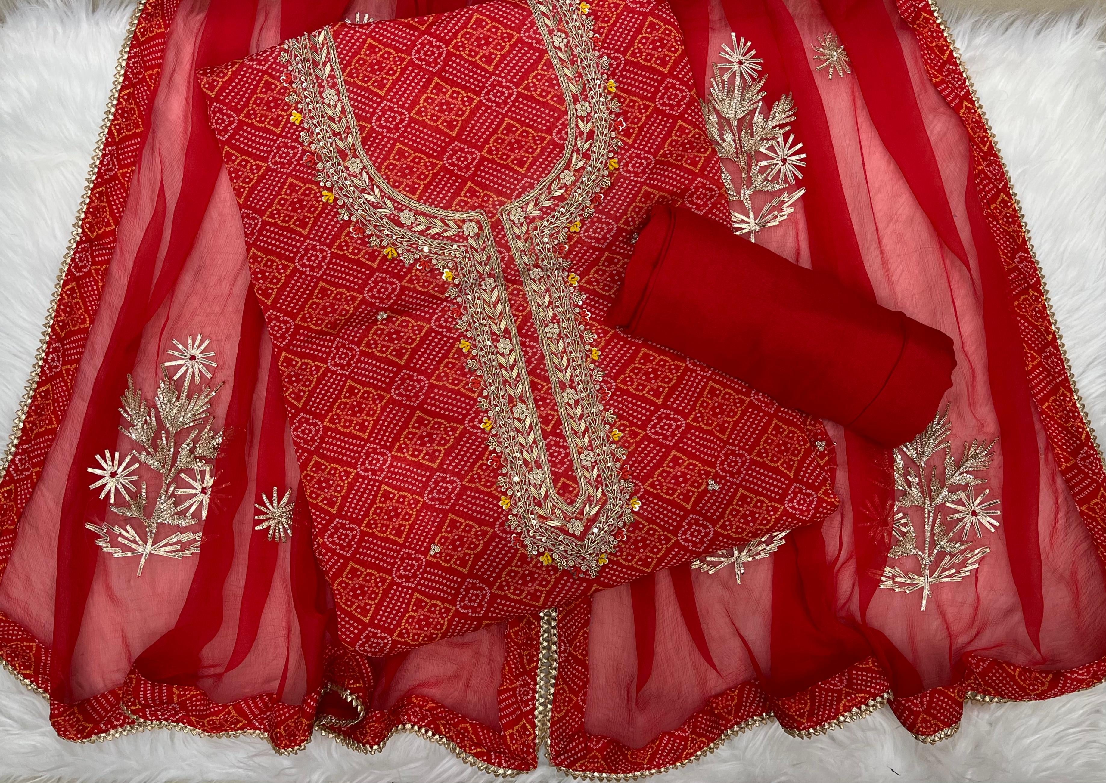 Red Bandhani Printed Suit with Zari Embroidered Organza Dupatta