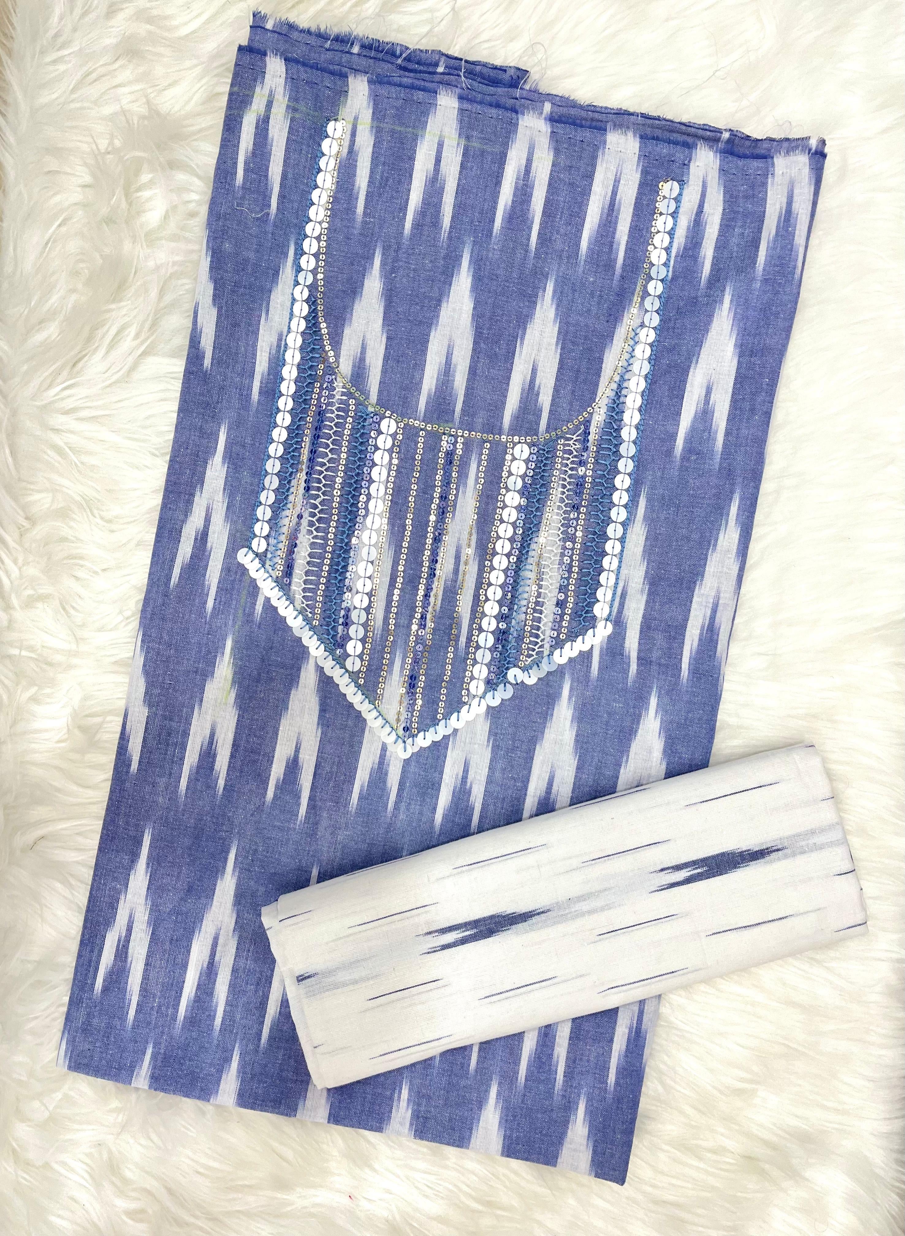 Indigo Blue & White Ikat Printed Dress Material with Sequin Embroidered Neckline