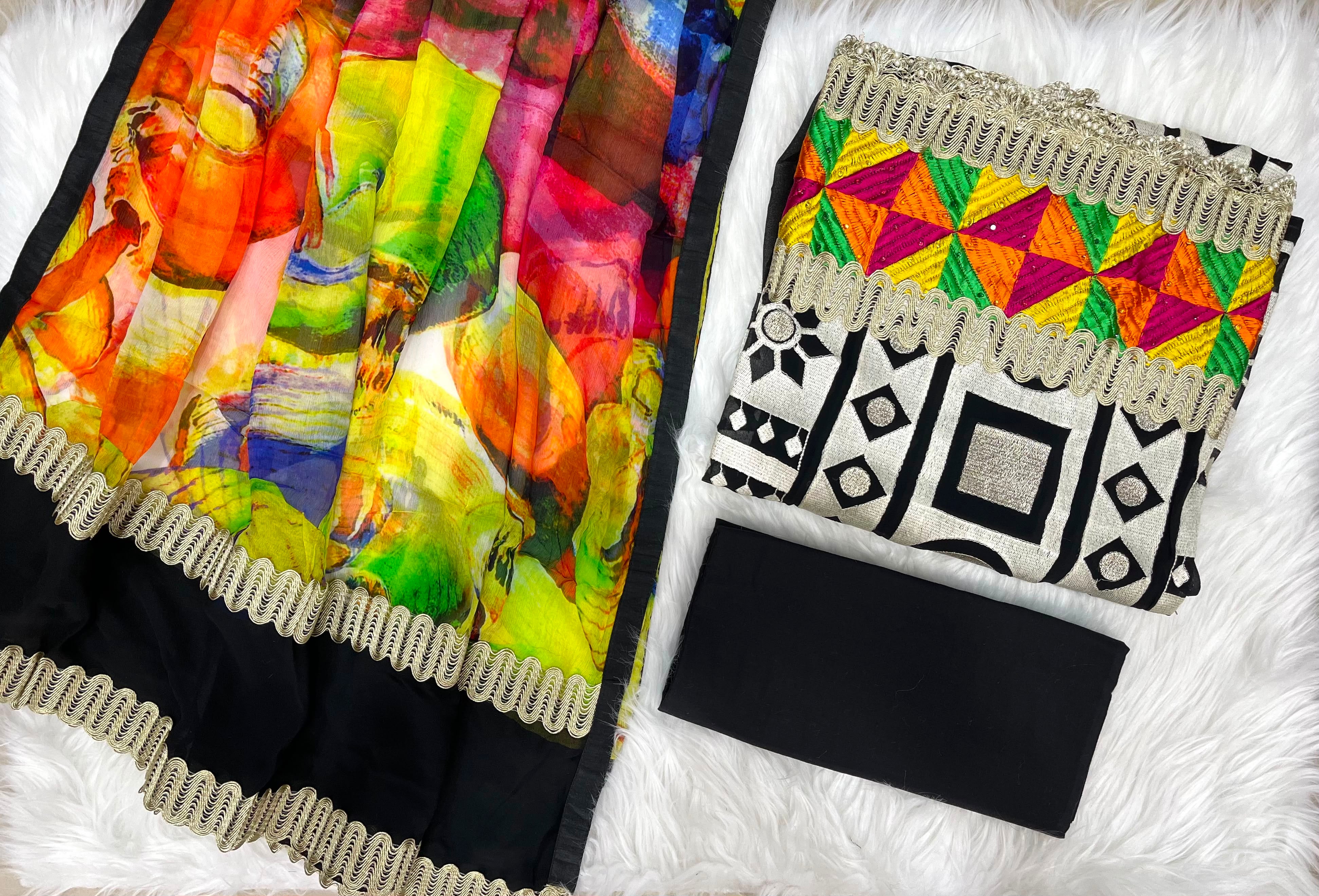 Multicolour Patchwork & Black Printed Suit with Geometric Embroidered Dupatta