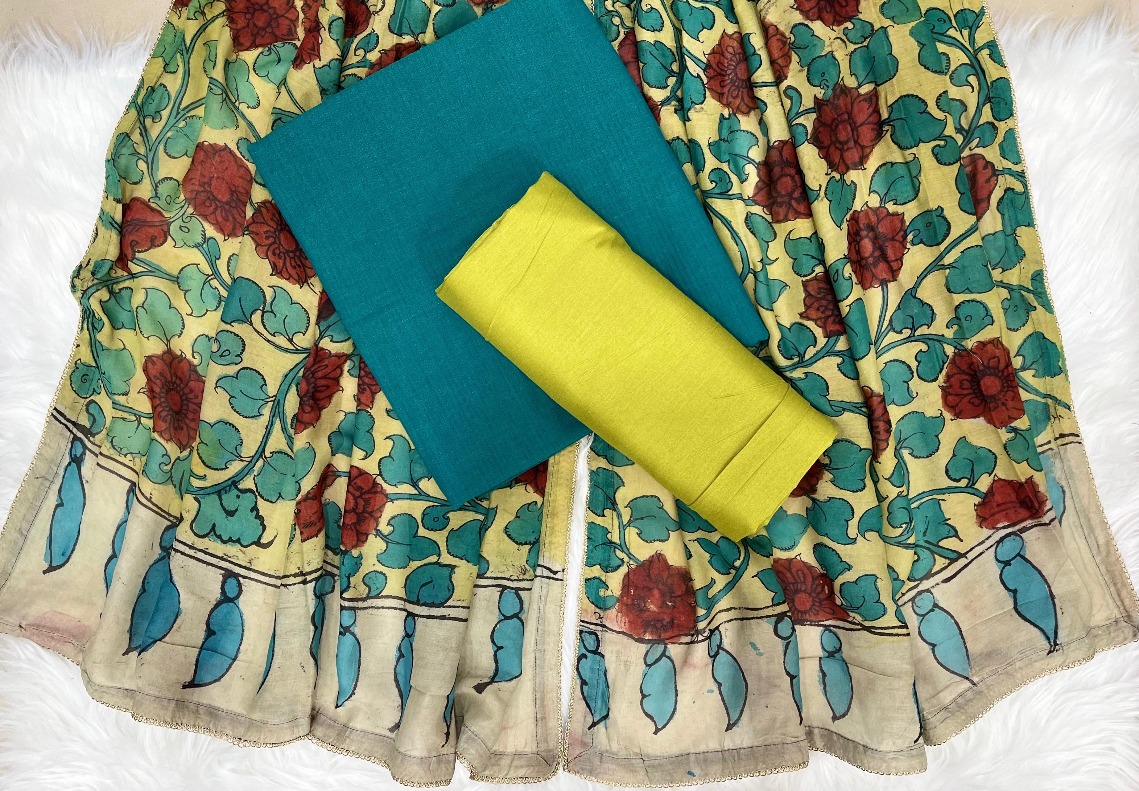 Teal Blue & Mustard Yellow Kalamkari Printed Dress Material with Floral Dupatta