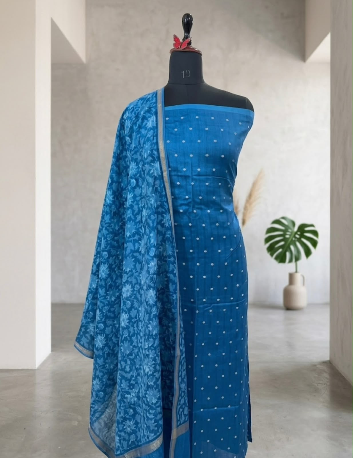 Peacock blue sliver dot Chanderi silk unstitched material
