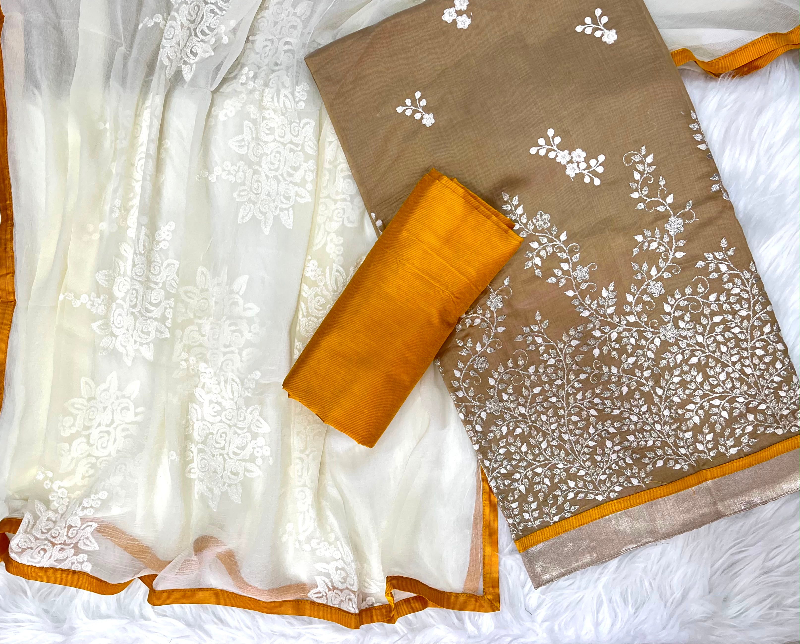 Ivory & Mustard Embroidered Suit with Silver Floral Work