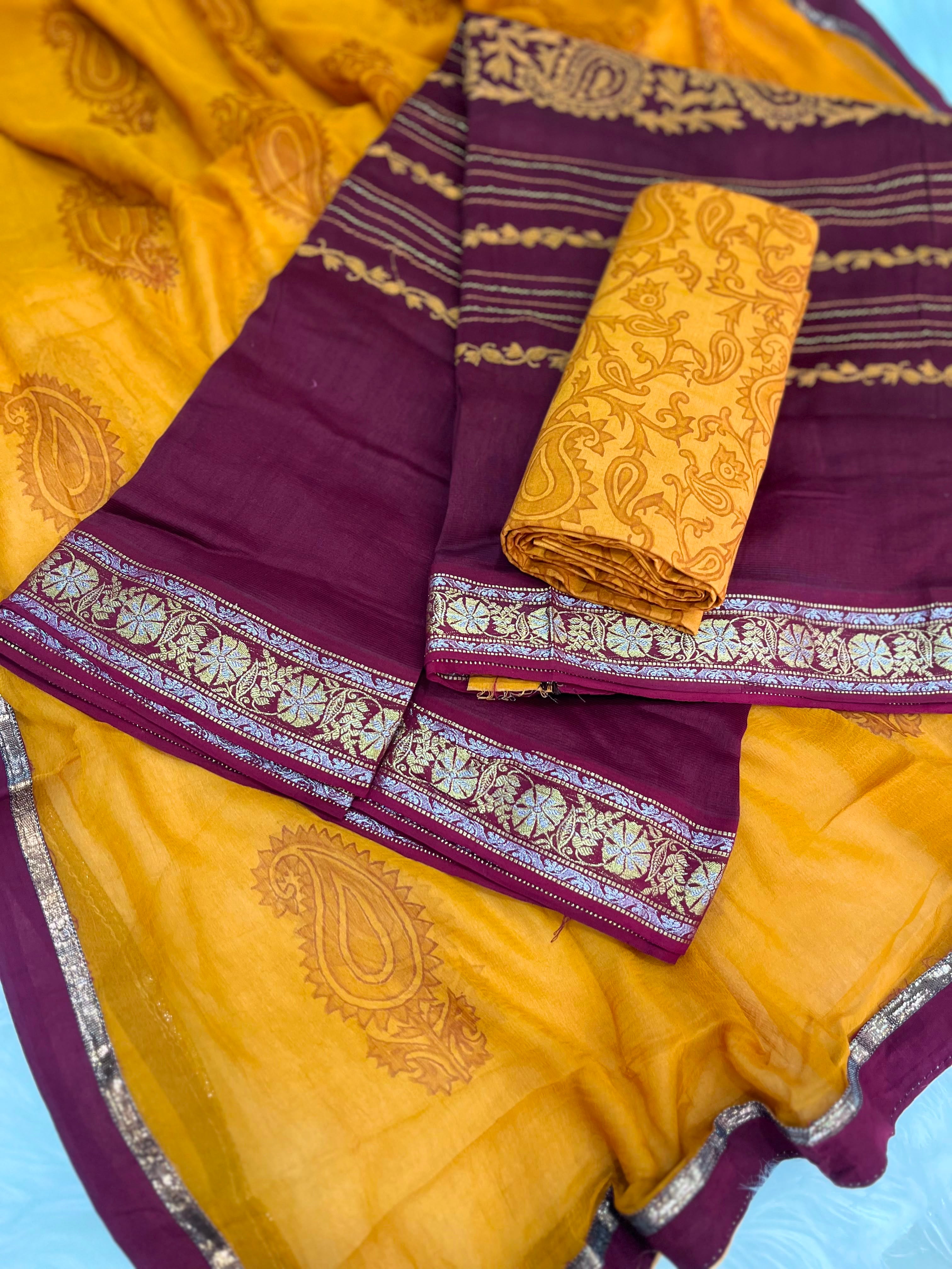 Mustard Yellow & Wine Embroidered Suit with Paisley Dupatta